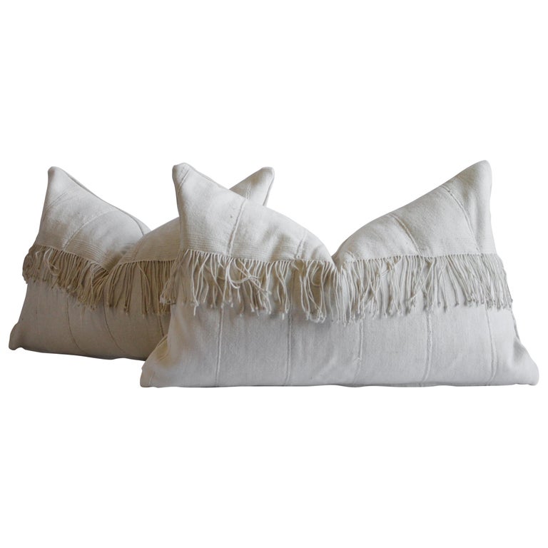 Antique French Linen Grainsack With Fringe Lumbar Pillows For Sale