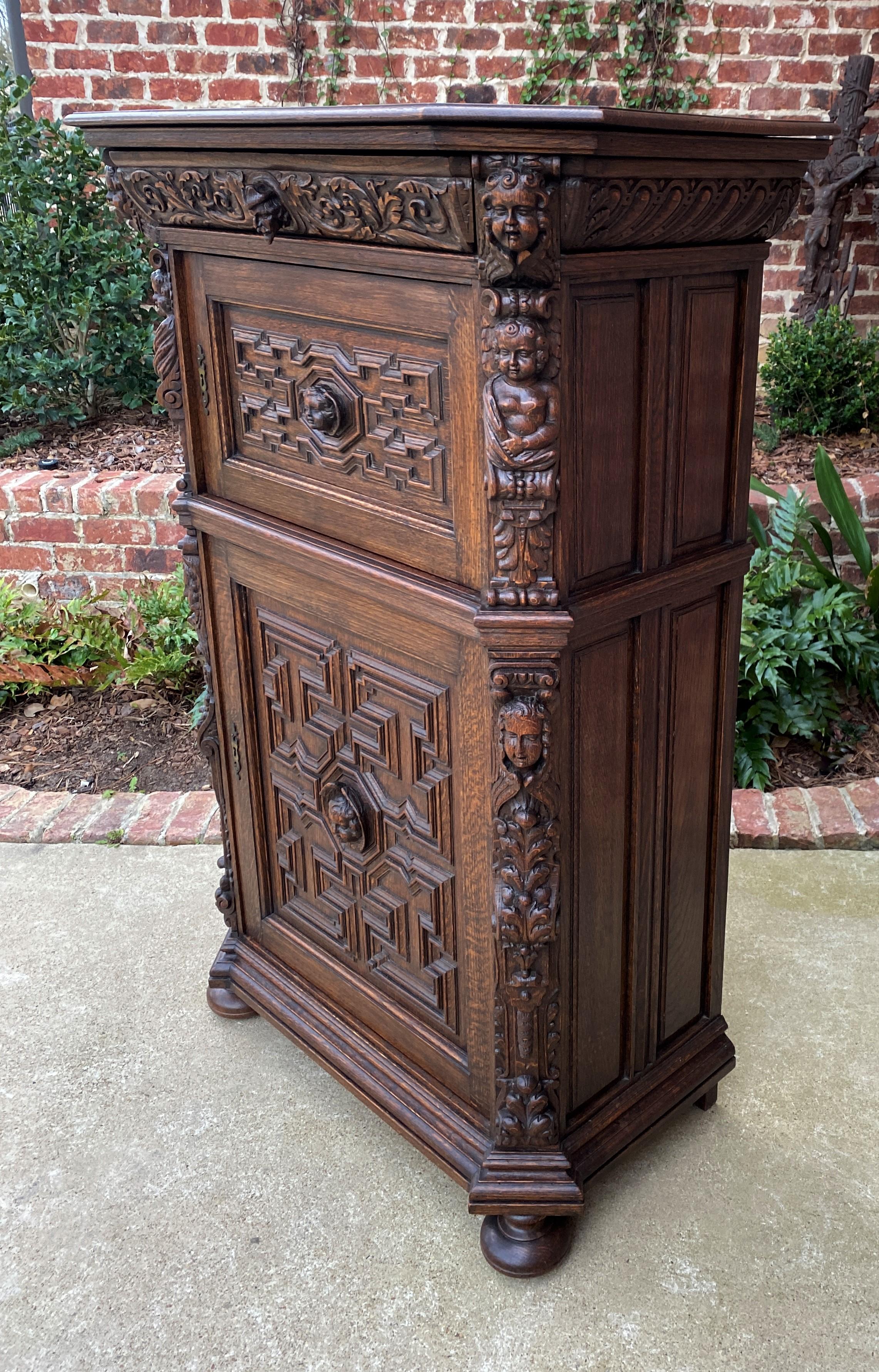 Carved Antique French Lingerie Cabinet Chest Canted Corners Oak Renaissance Revival 