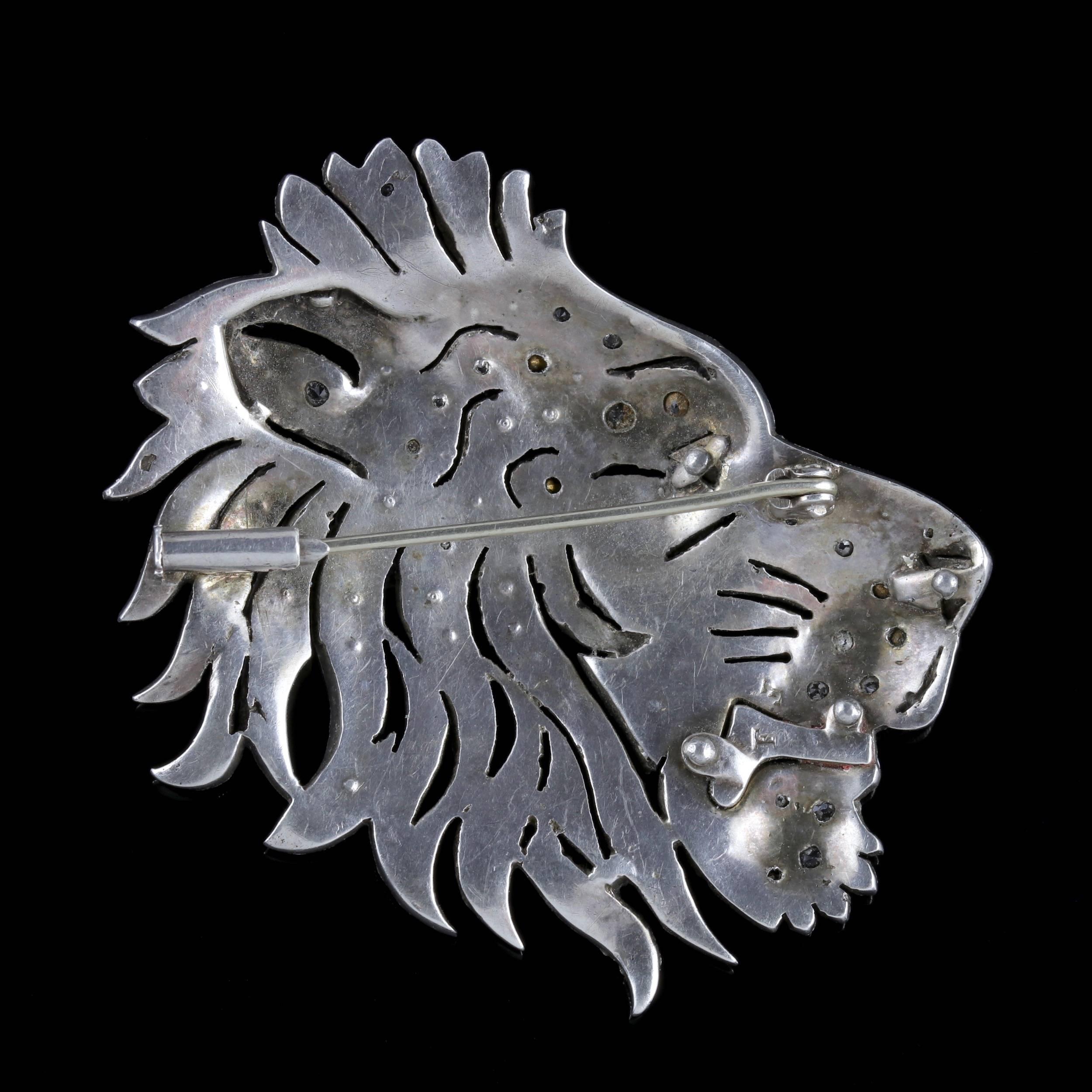 Victorian Antique French Lion Brooch Silver Onyx Paste, circa 1860