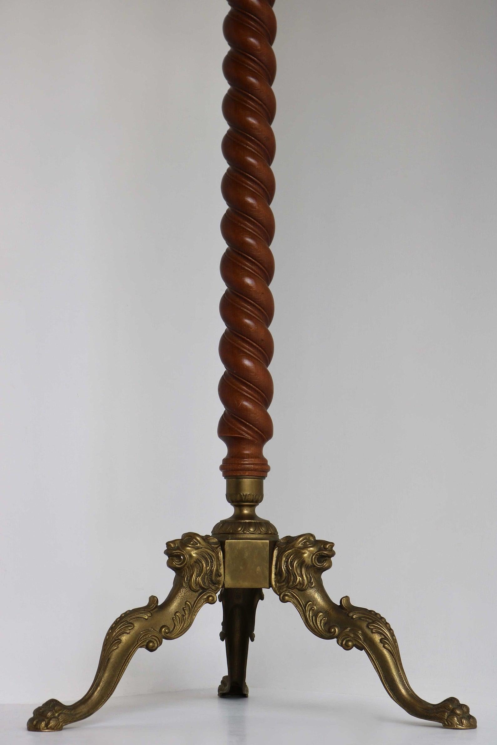 Mid-Century Modern Antique French Lions Head Barley Twisted Walnut & Brass Hall Tree Coat Rack
