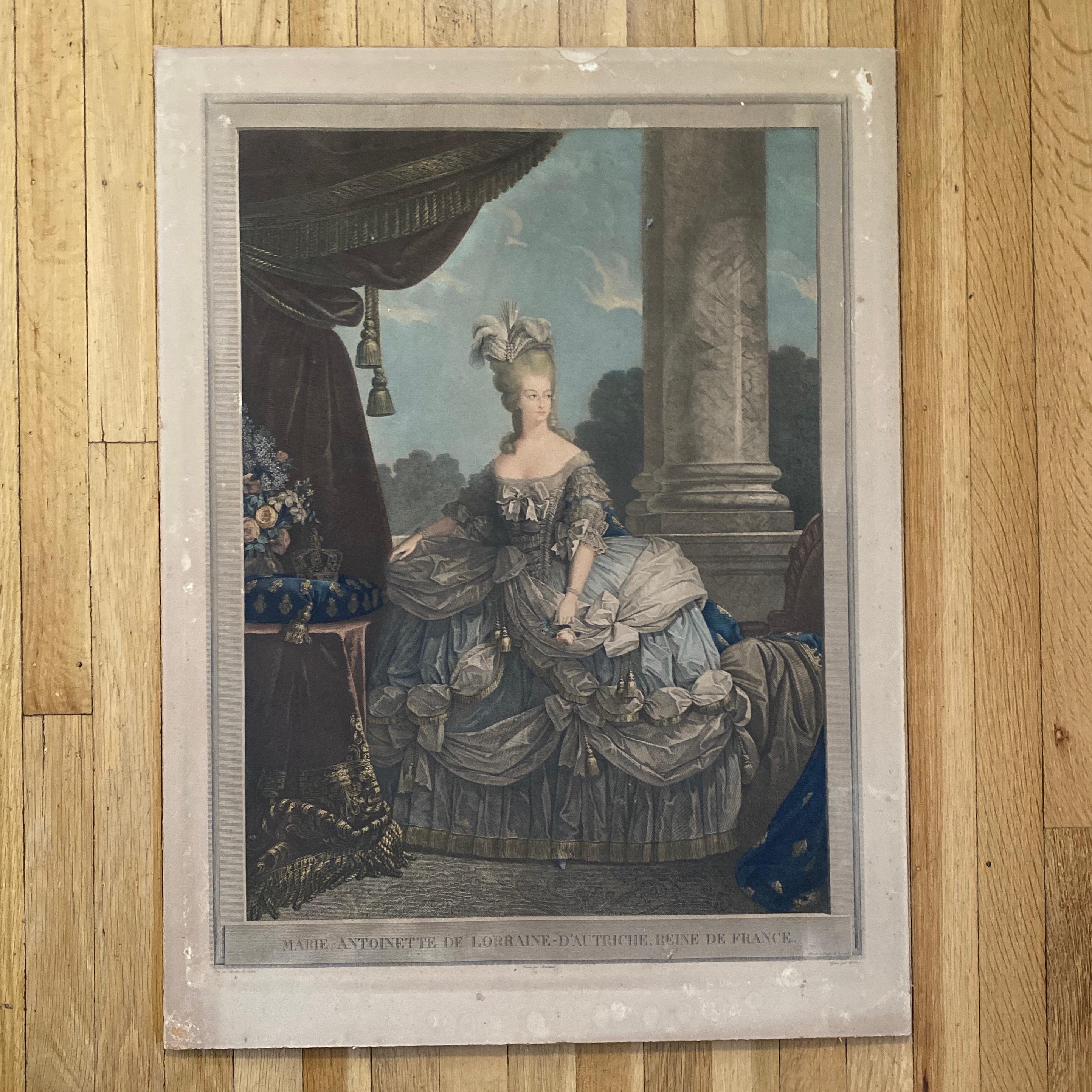 Antique French Lithograph Portrait of Marie Antoinette and Louis The Sixteenth In Fair Condition In San Carlos, CA