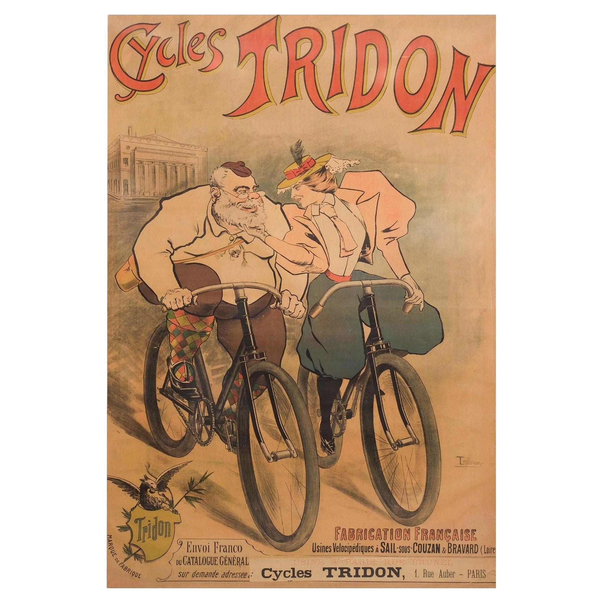 Antique French Lithograph Poster "Cycles Tridon" by Maurice Lourdey circa 1900 For Sale