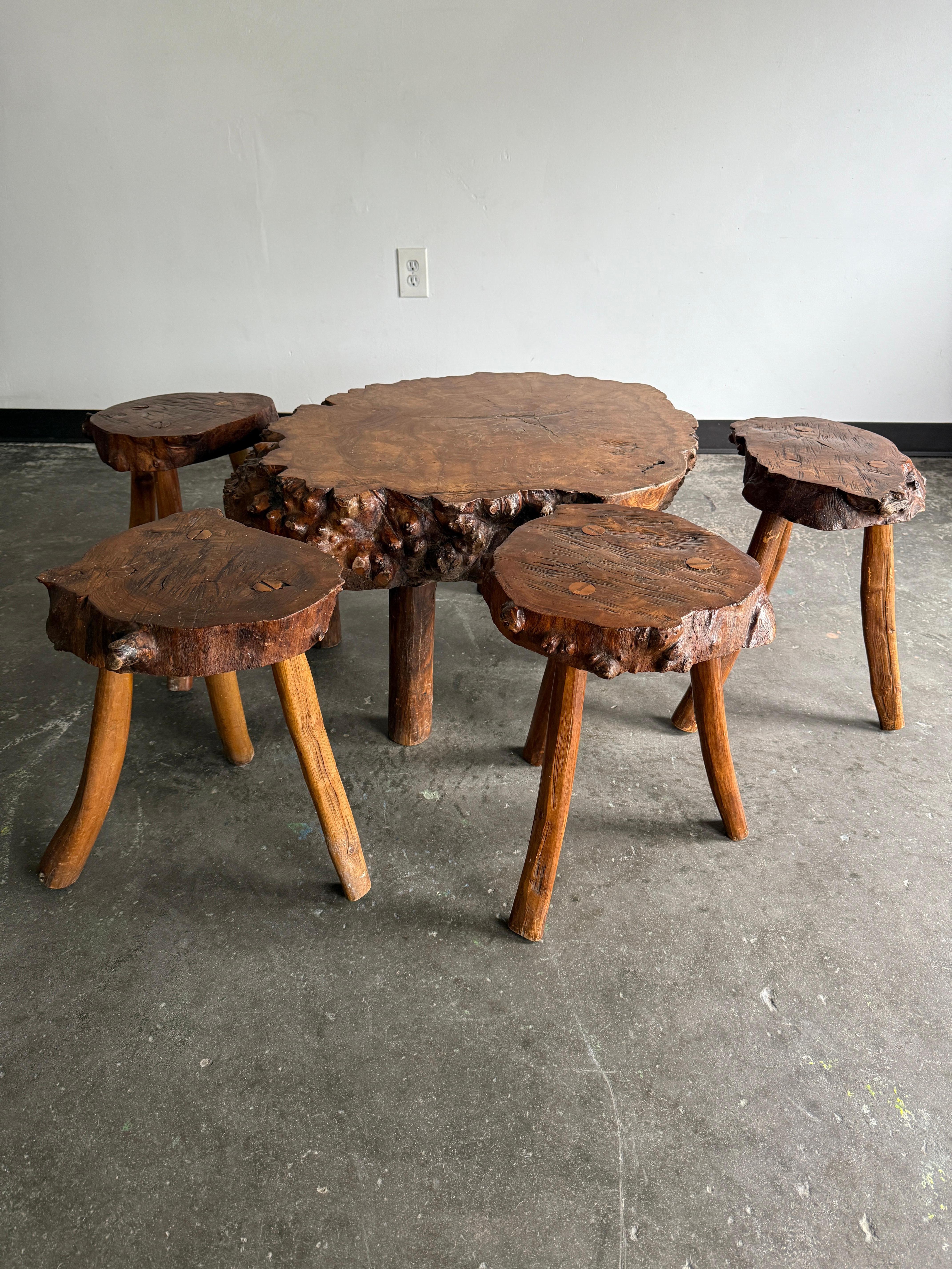 Organic Modern Antique French Live Edge Coffee/Center Table with 4x stools/drink tables For Sale