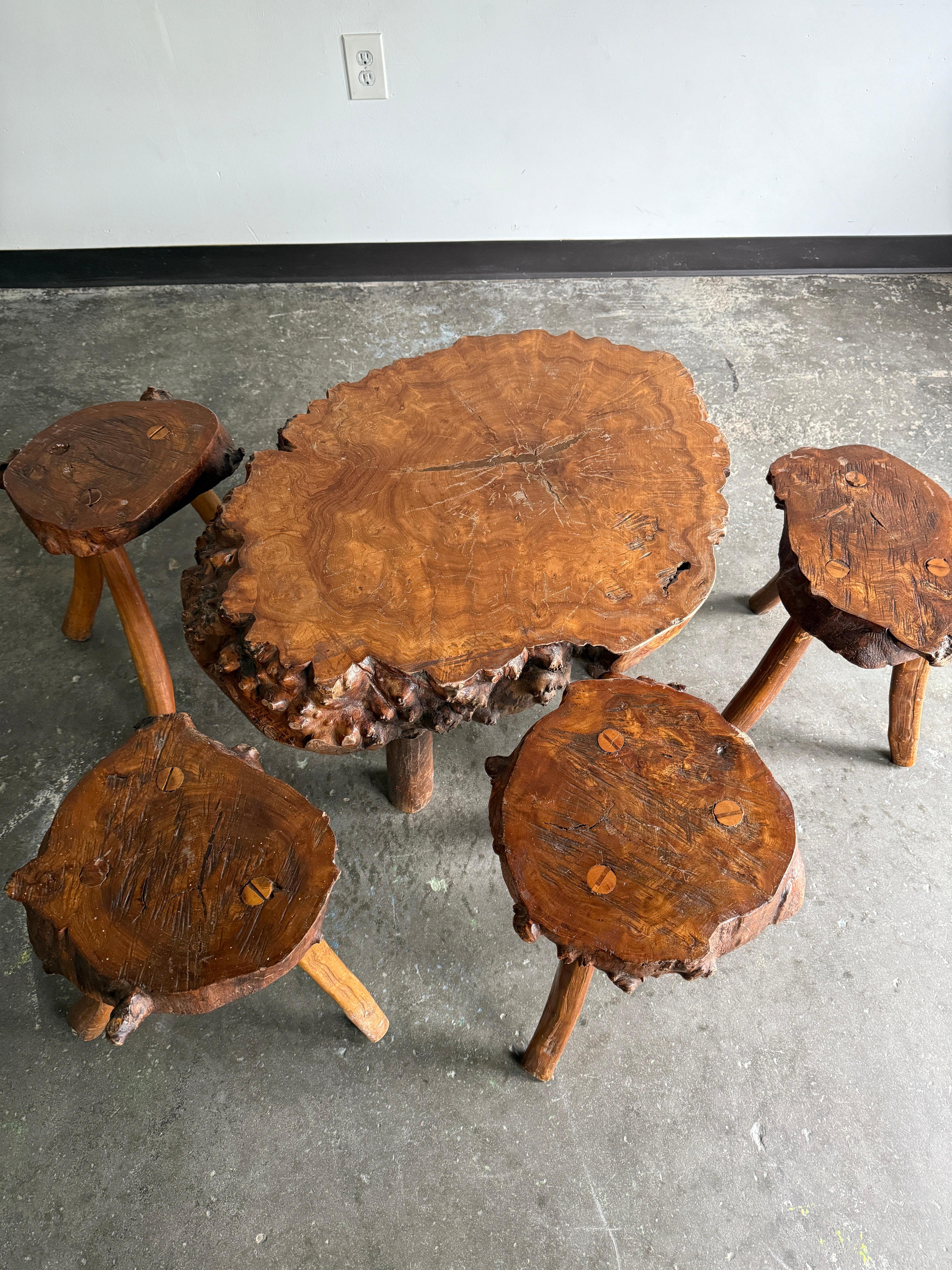 Antique French Live Edge Coffee/Center Table with 4x stools/drink tables In Good Condition For Sale In Nashville, TN