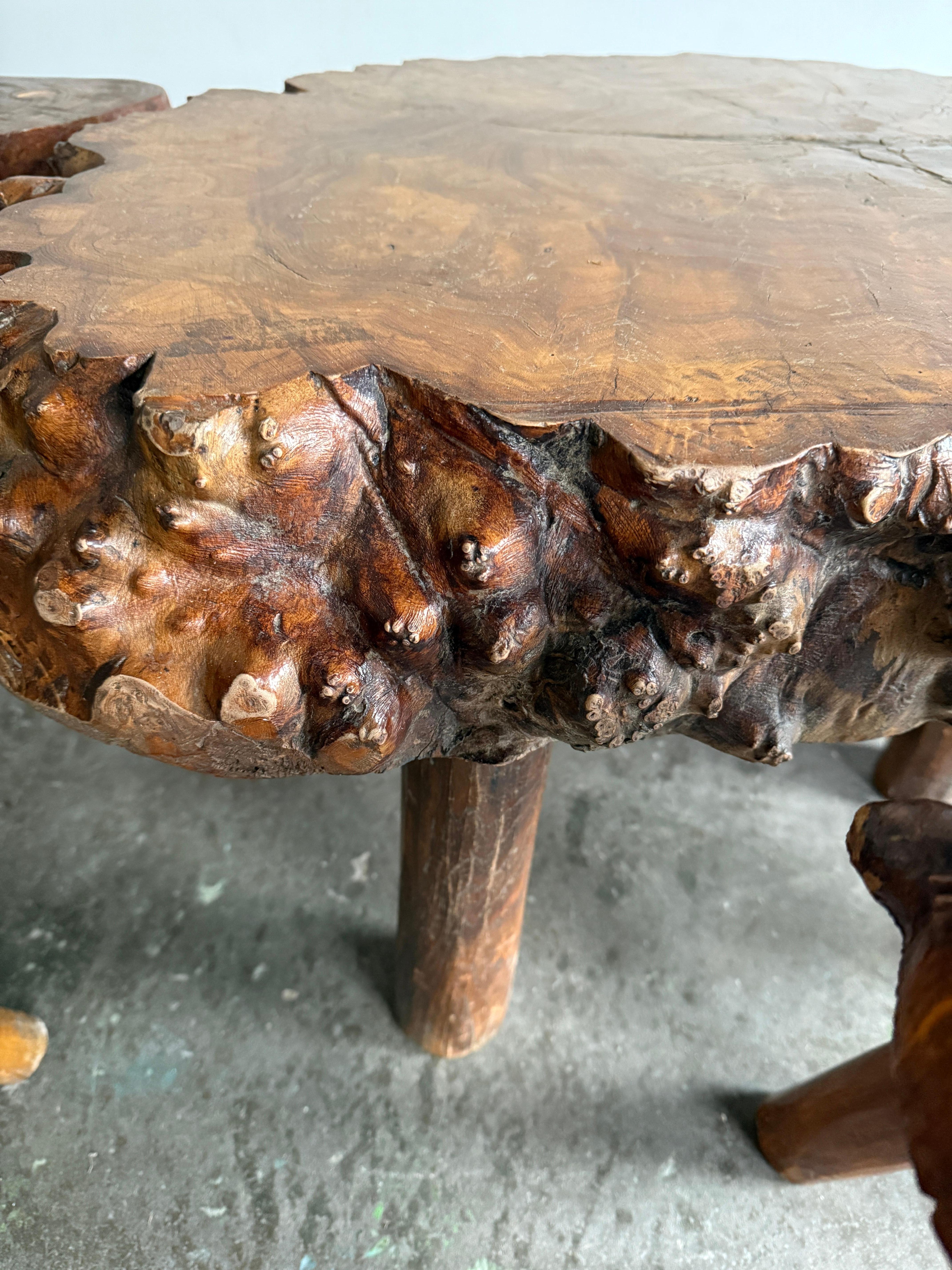 20th Century Antique French Live Edge Coffee/Center Table with 4x stools/drink tables For Sale