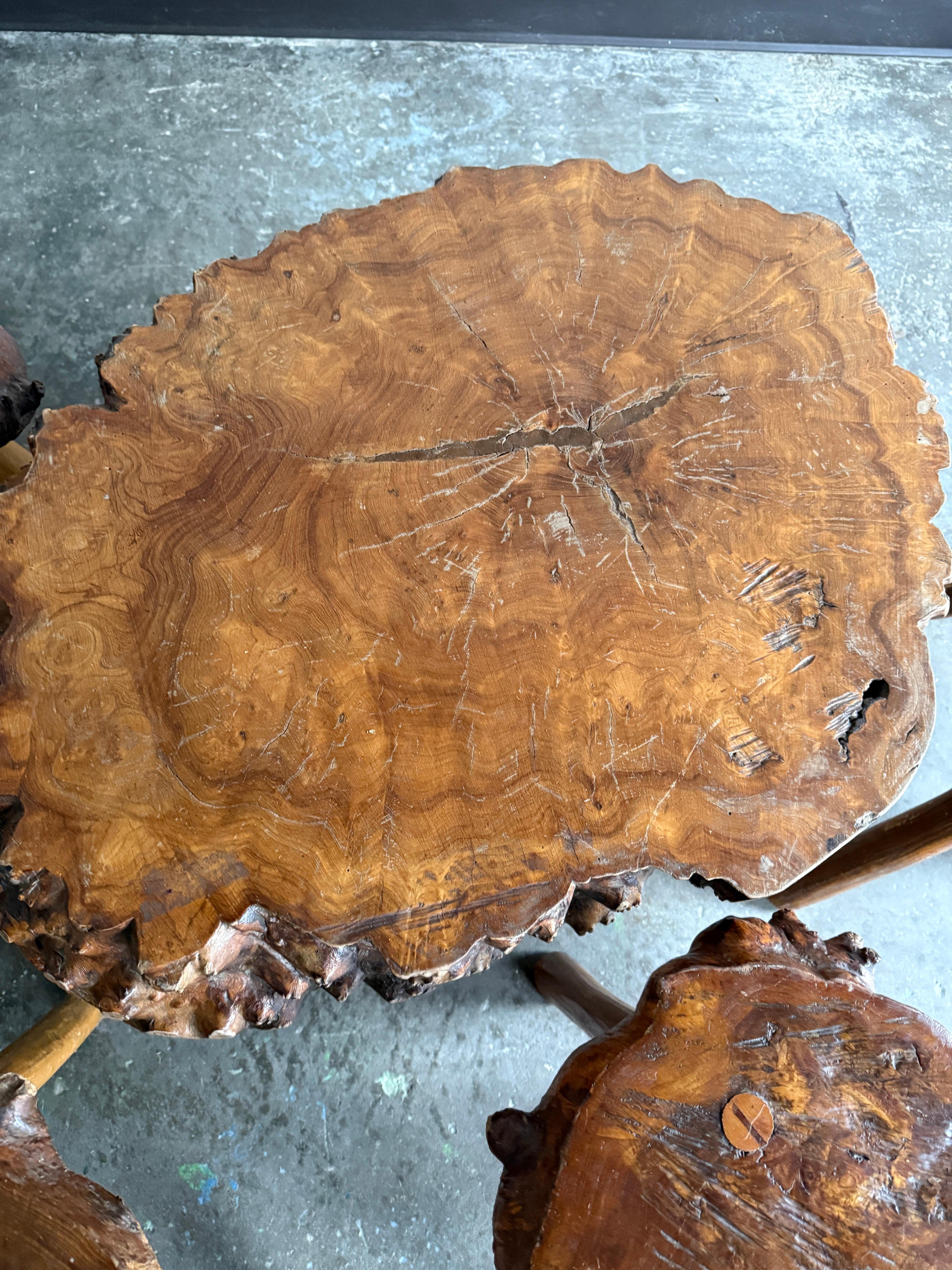 Wood Antique French Live Edge Coffee/Center Table with 4x stools/drink tables For Sale