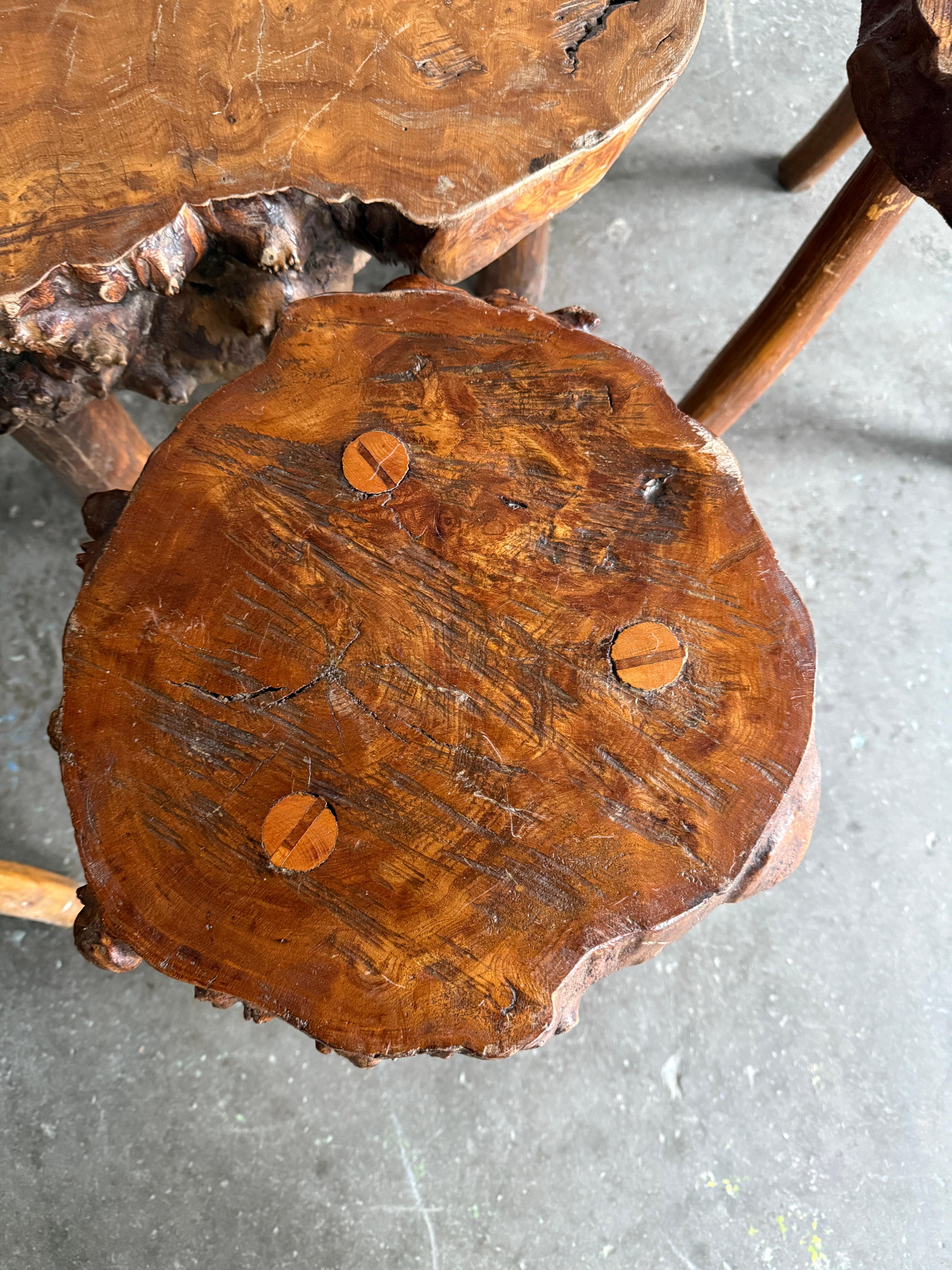 Antique French Live Edge Coffee/Center Table with 4x stools/drink tables For Sale 1