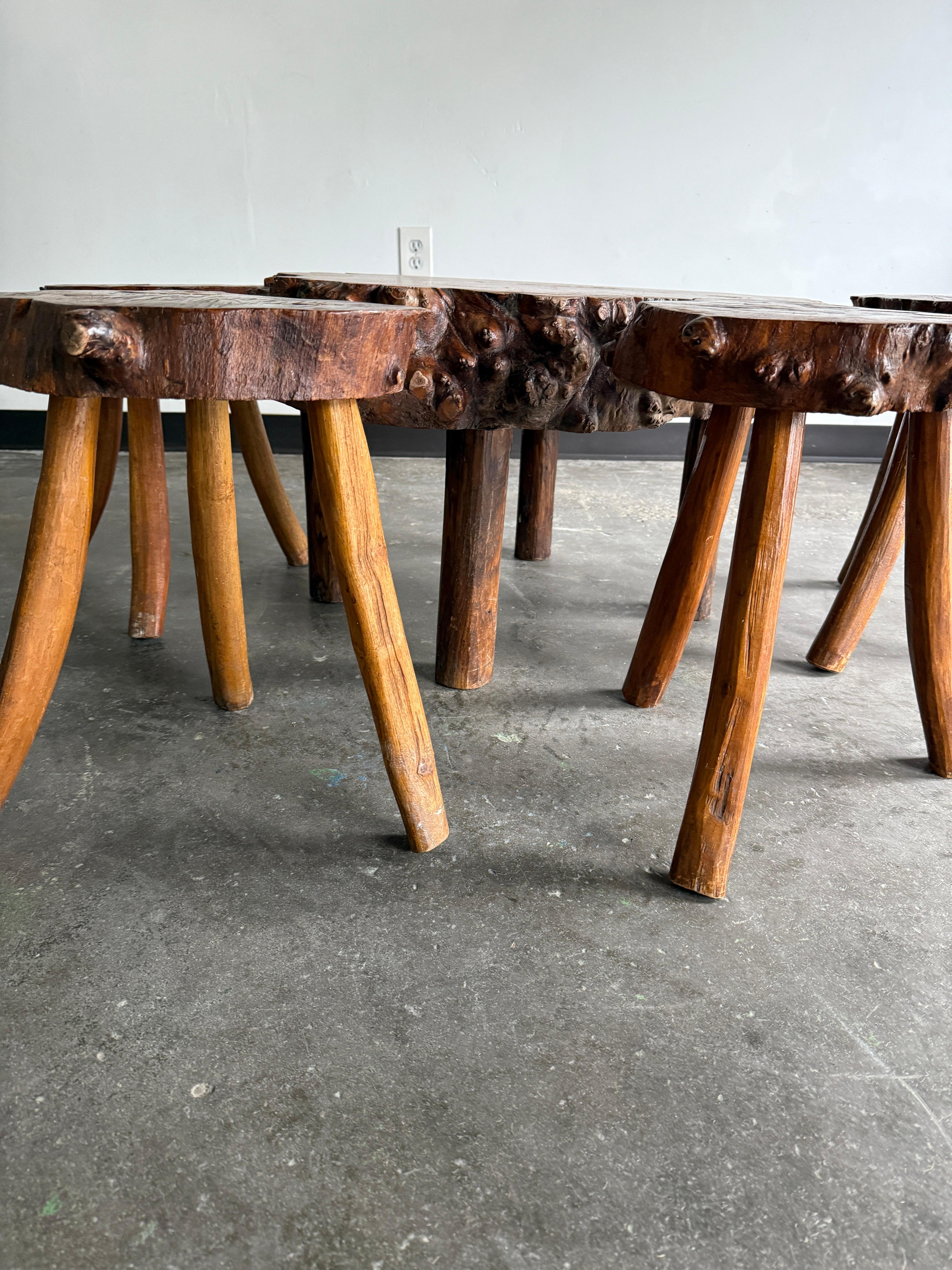 Antique French Live Edge Coffee/Center Table with 4x stools/drink tables For Sale 3