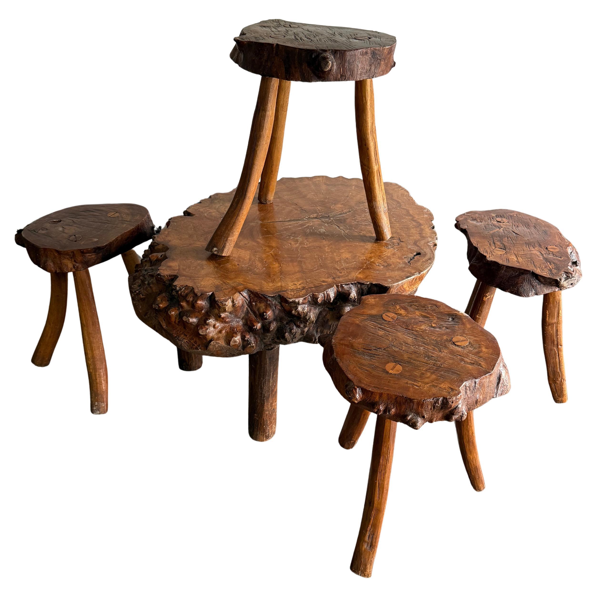 Antique French Live Edge Coffee/Center Table with 4x stools/drink tables For Sale