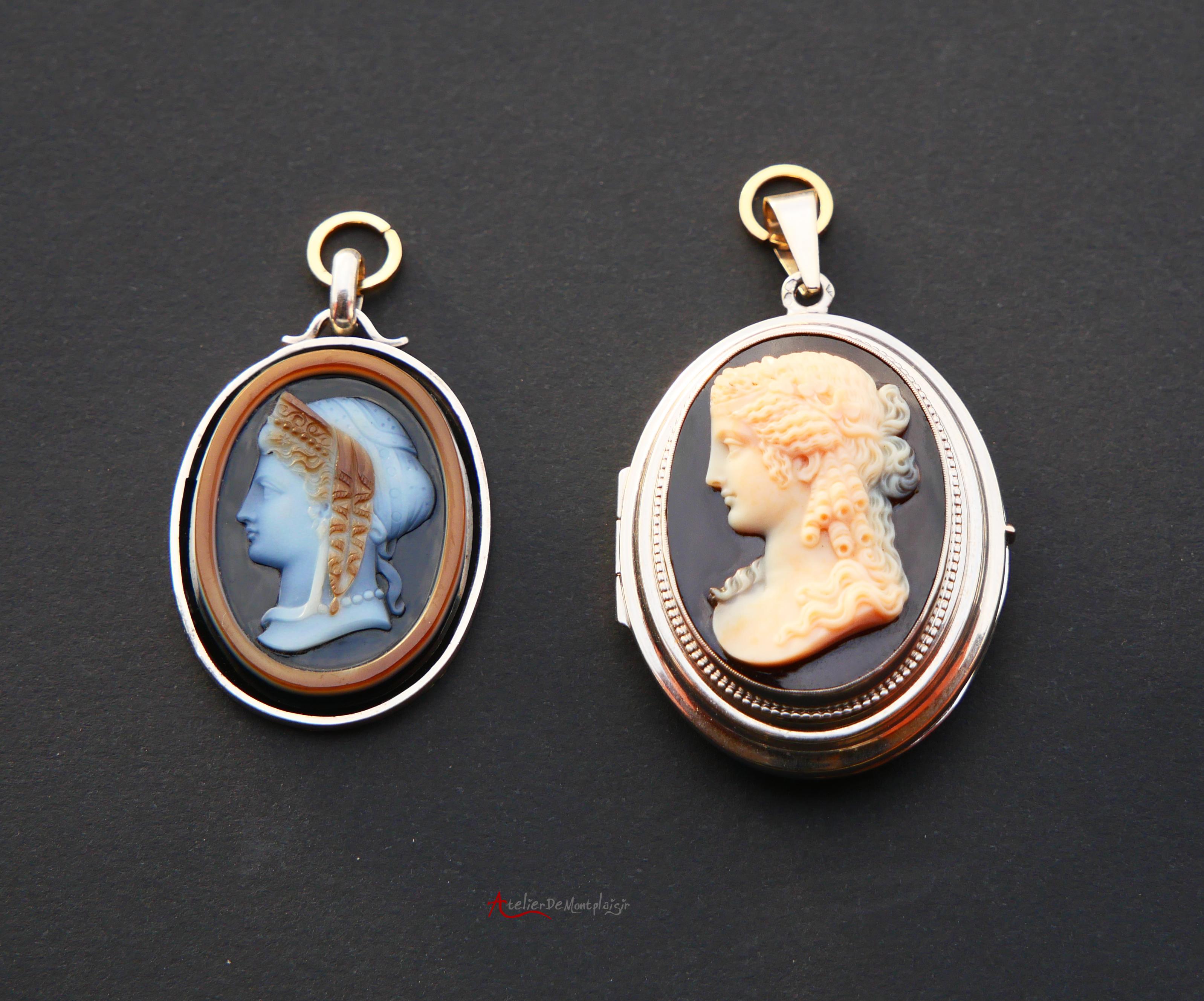 Antique French Locket Pendant Maenad Cameo banded Red Onyx 18K White Gold / 18.2 For Sale 8