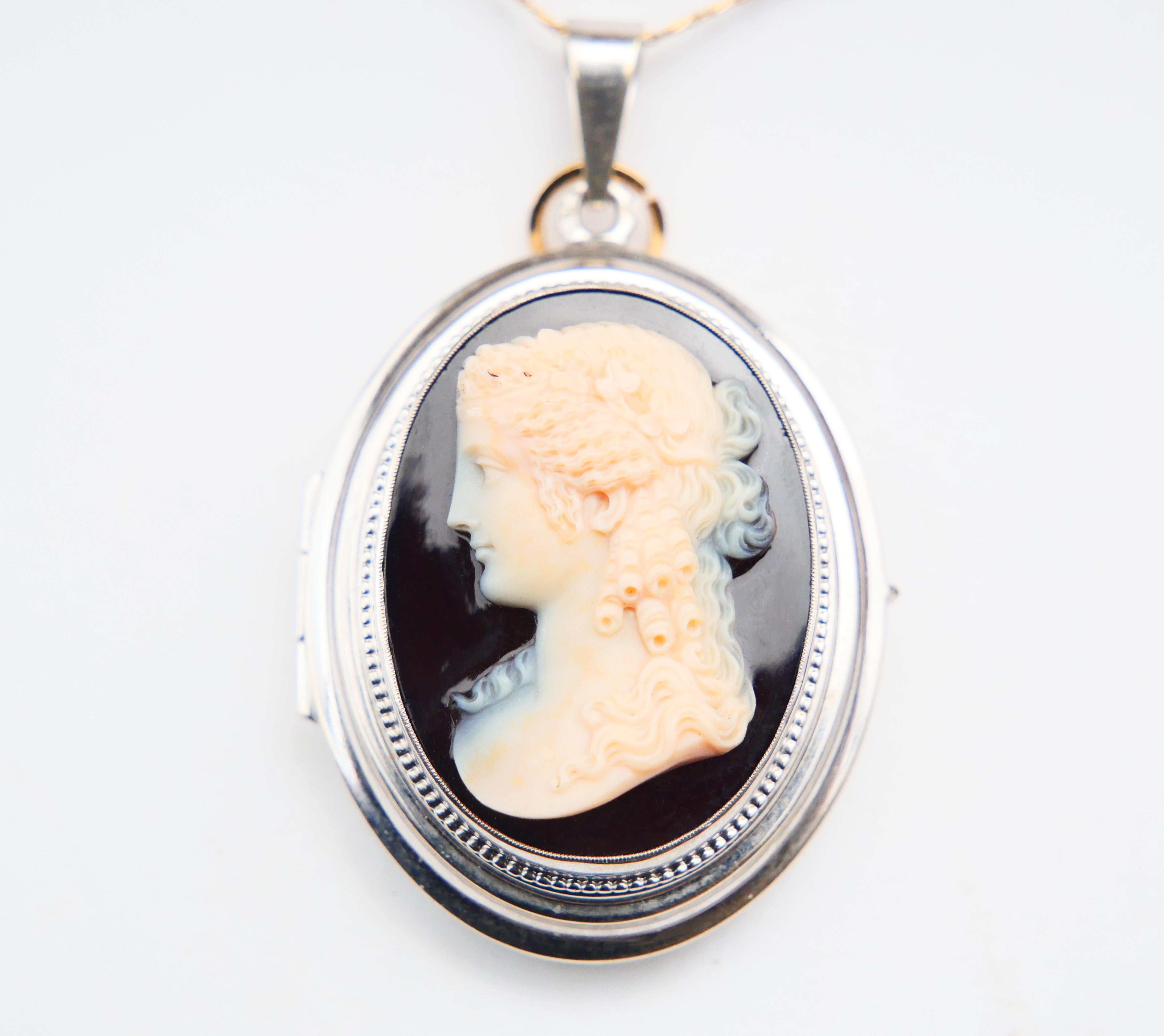 Greek Revival Antique French Locket Pendant Maenad Cameo banded Red Onyx 18K White Gold / 18.2 For Sale