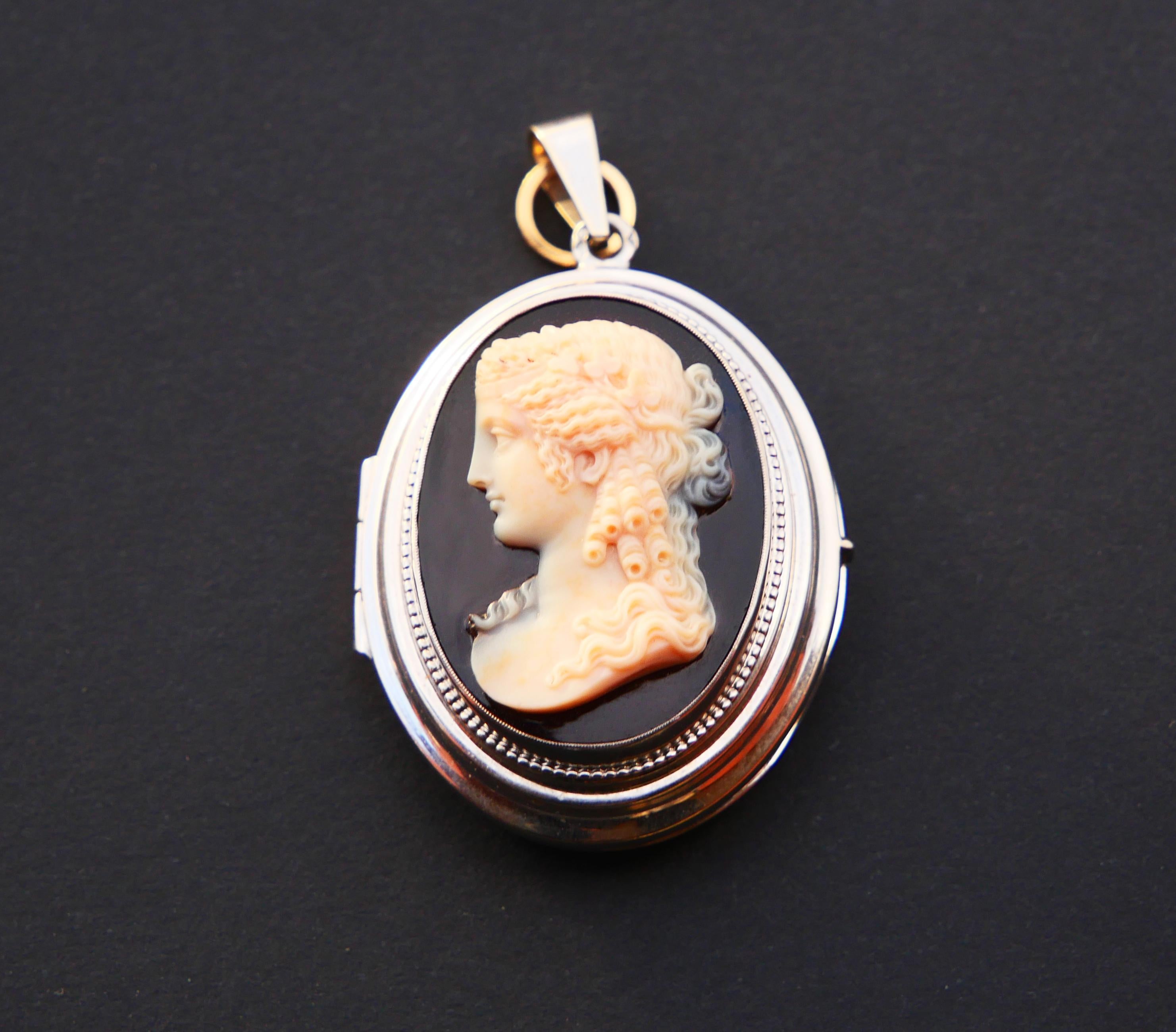 Antique French Locket Pendant Maenad Cameo banded Red Onyx 18K White Gold / 18.2 For Sale 4