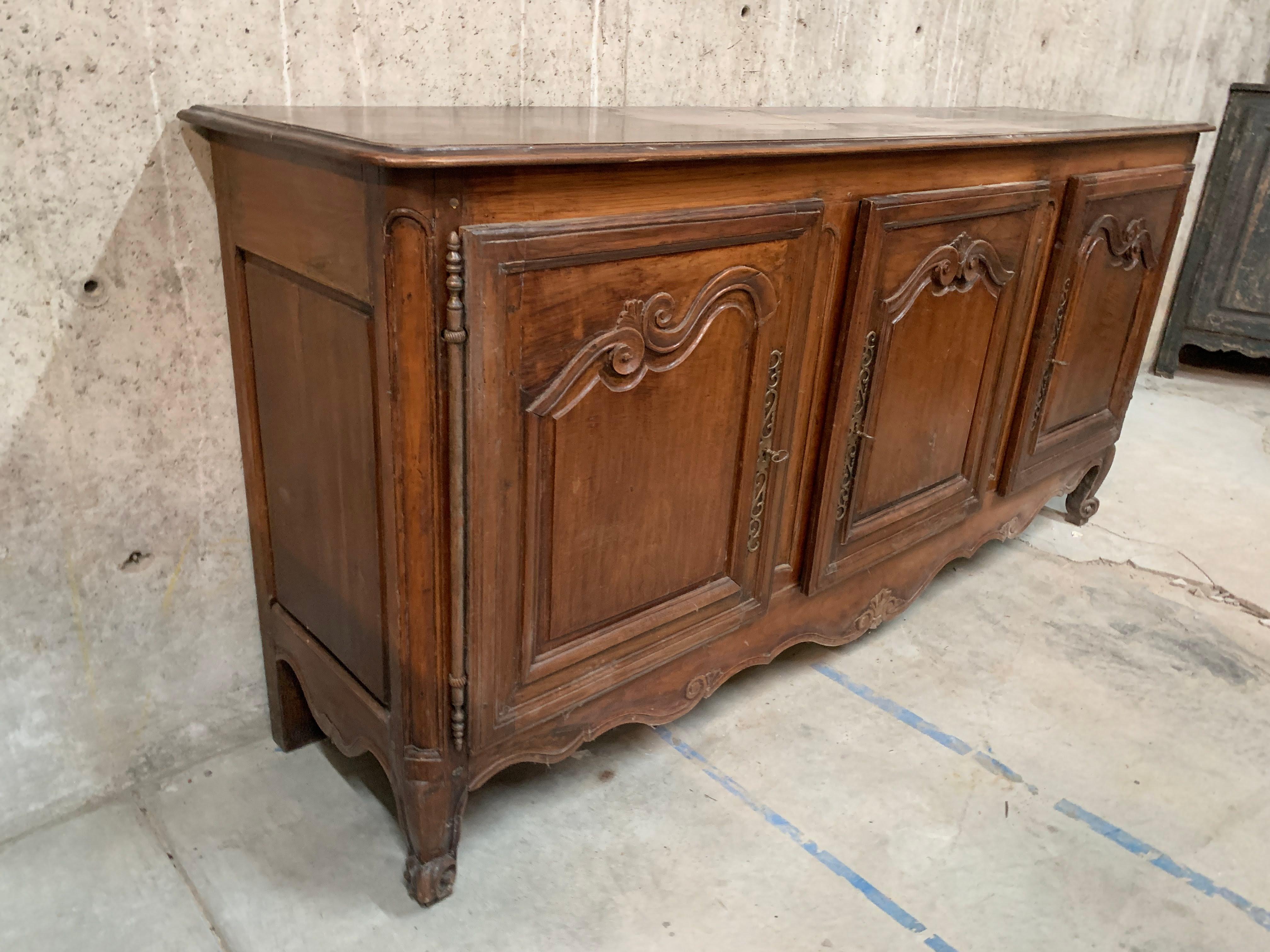 Hand-Carved Antique French Long Three Door Carved Fruitwood Sideboard Buffet For Sale