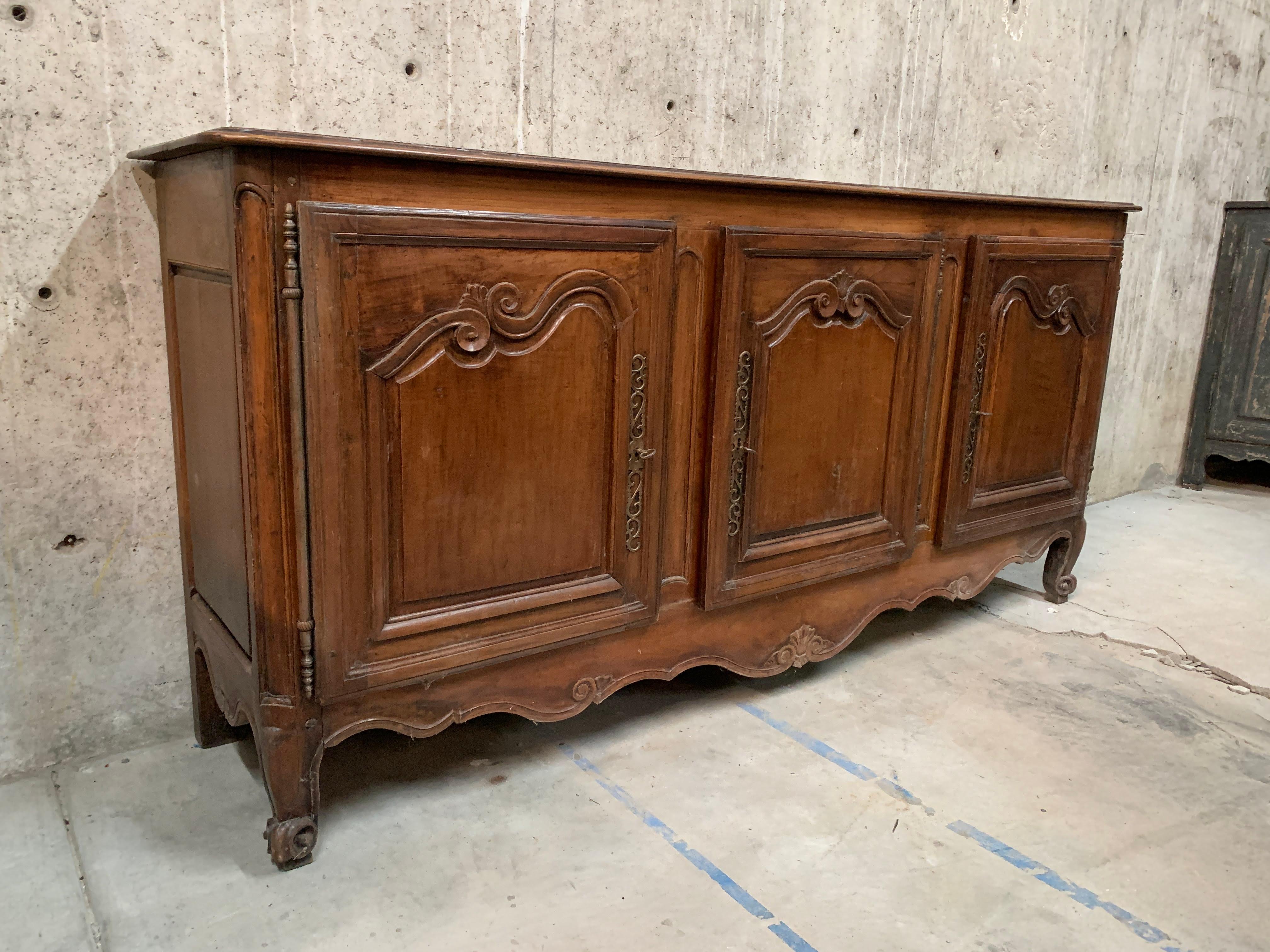 Antique French Long Three Door Carved Fruitwood Sideboard Buffet In Good Condition For Sale In Sheridan, CO
