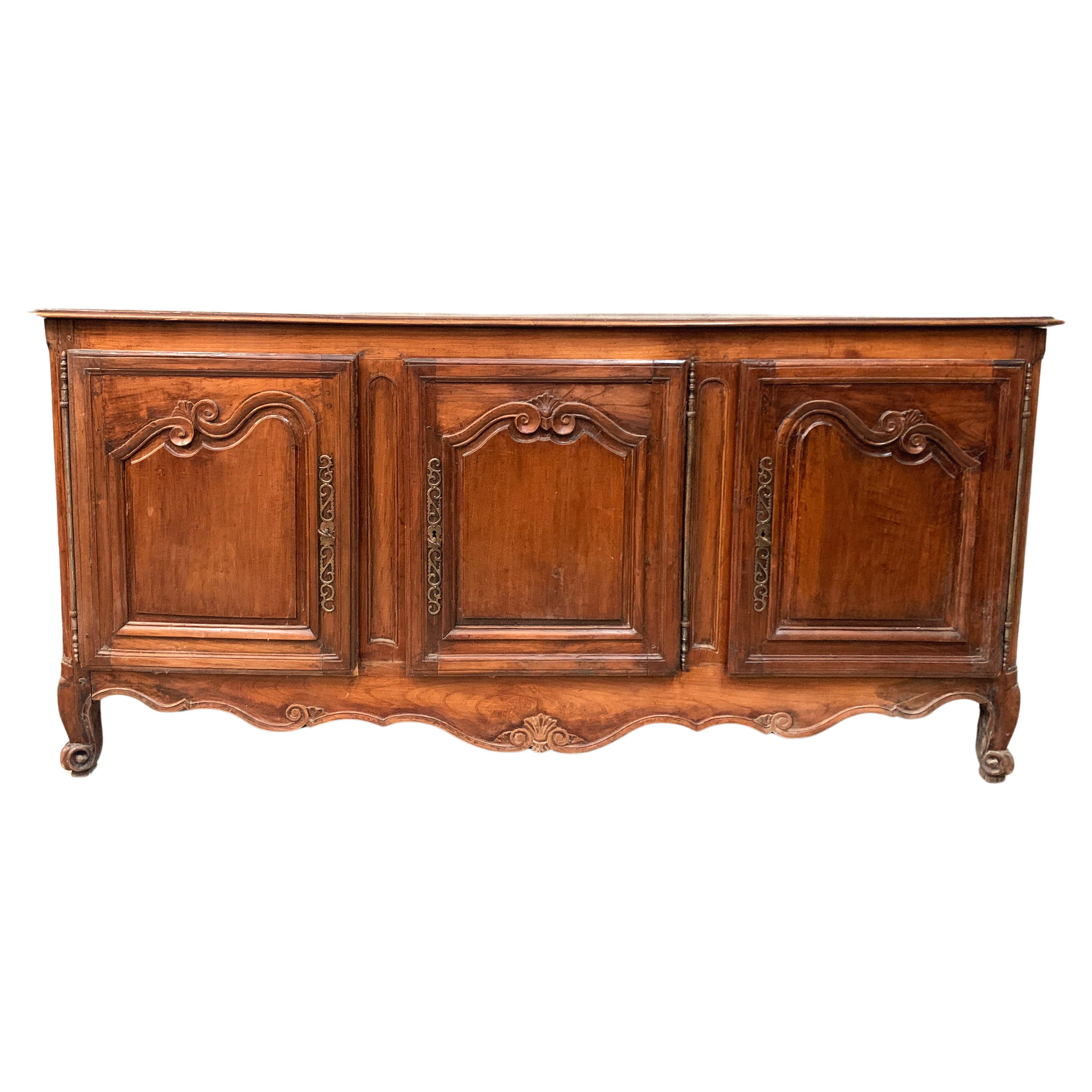 Antique French Long Three Door Carved Fruitwood Sideboard Buffet For Sale