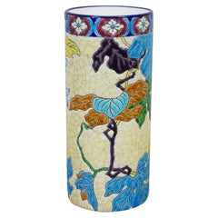 Antique French Longwy Emaux Cloisonne Emaille Weinrebe Keramik-Zylinder-Vase 7"