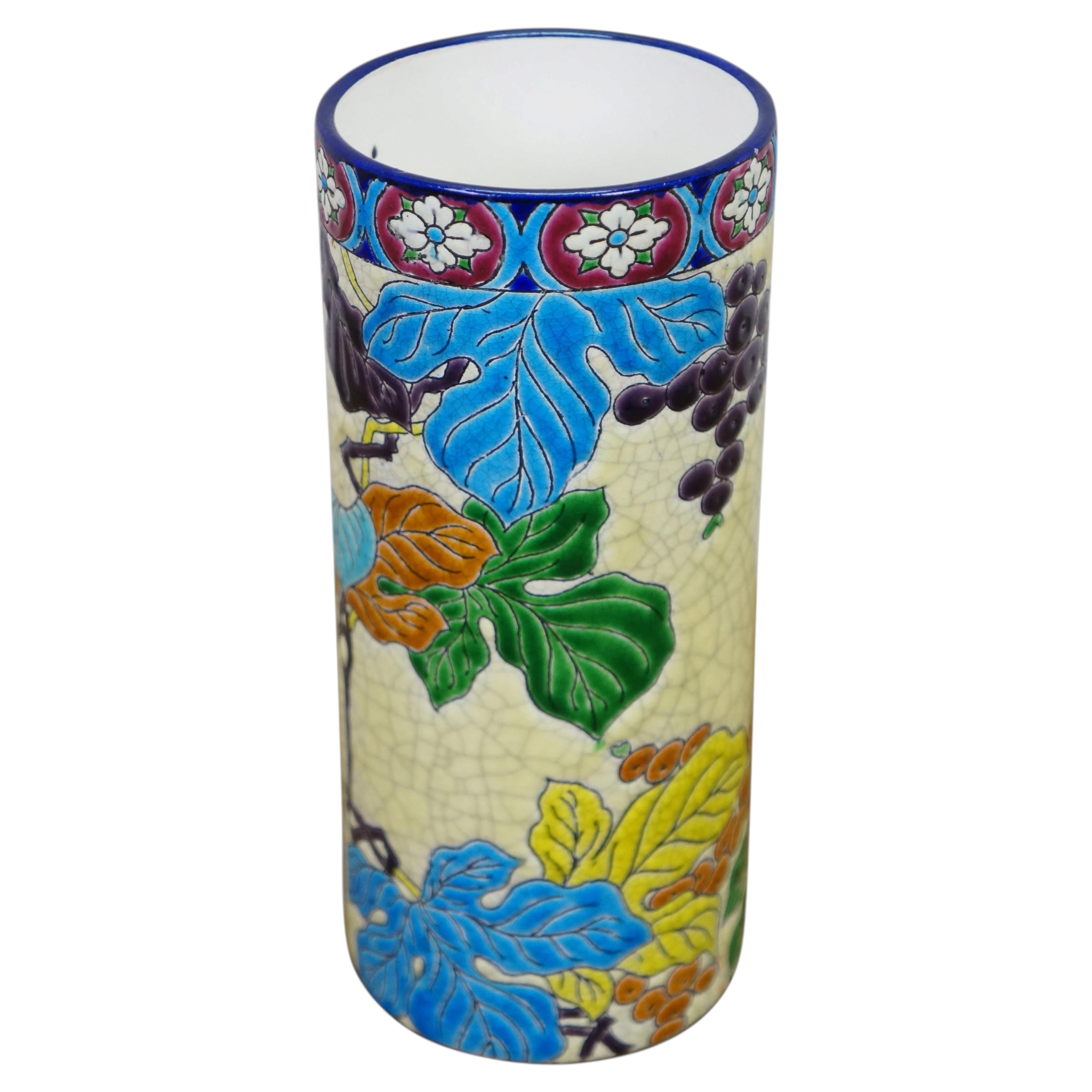 Antique French Longwy Emaux Cloisonne Enamel Grapevine Ceramic Cylinder Vase 7" For Sale