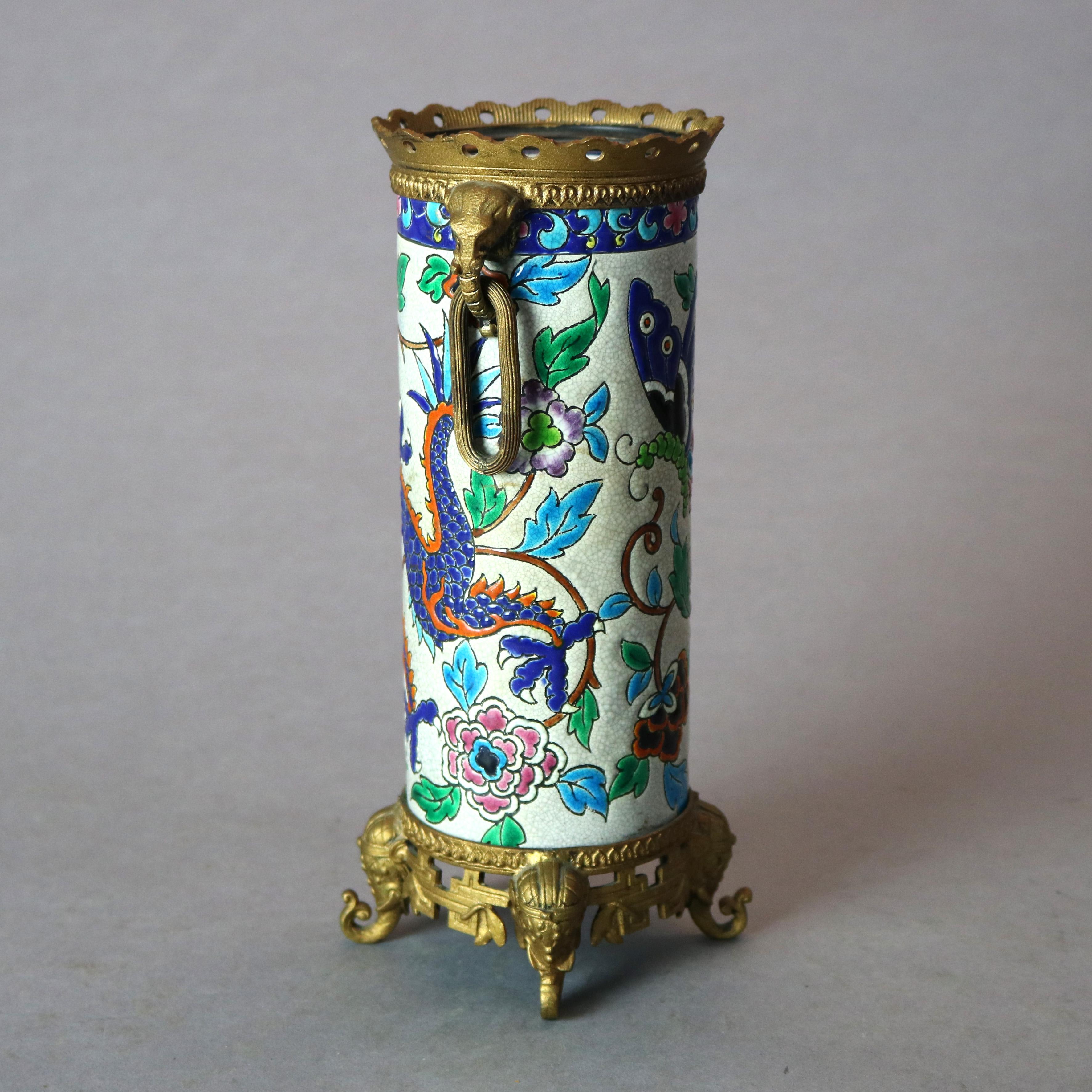 Antique French Longwy Pottery Chinoiserie Vase & Bronze Elephant Mounts, c 1880 6