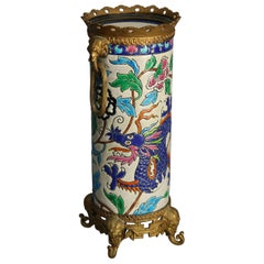 Antique French Longwy Pottery Chinoiserie Vase & Bronze Elephant Mounts, c 1880