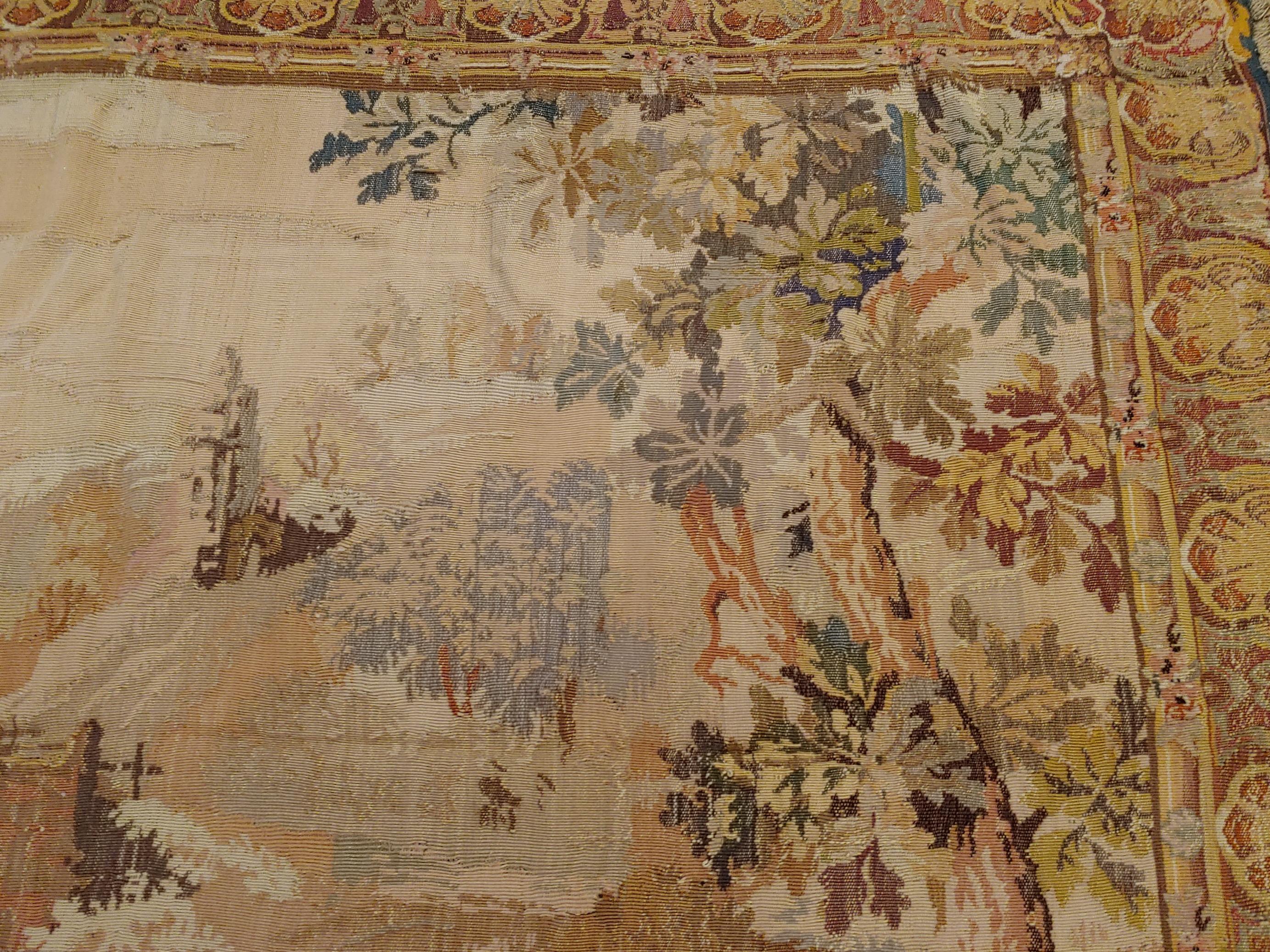 20th Century Antique French Loomed Tapestry, Forest Scene, Neutral Color, Wool, 7x9, 1920 For Sale