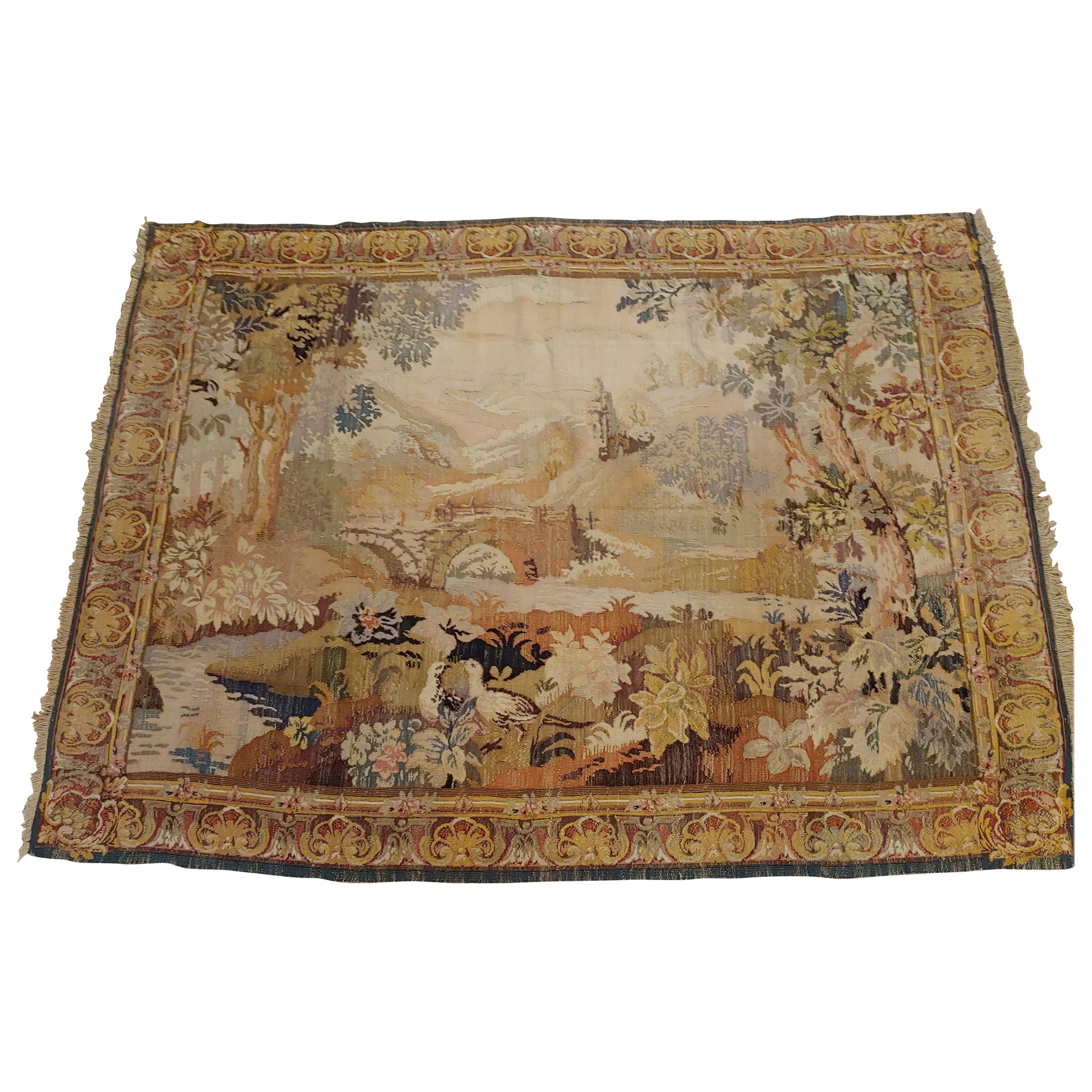 Antique French Loomed Tapestry, Forest Scene, Neutral Color, Wool, 7x9, 1920 For Sale