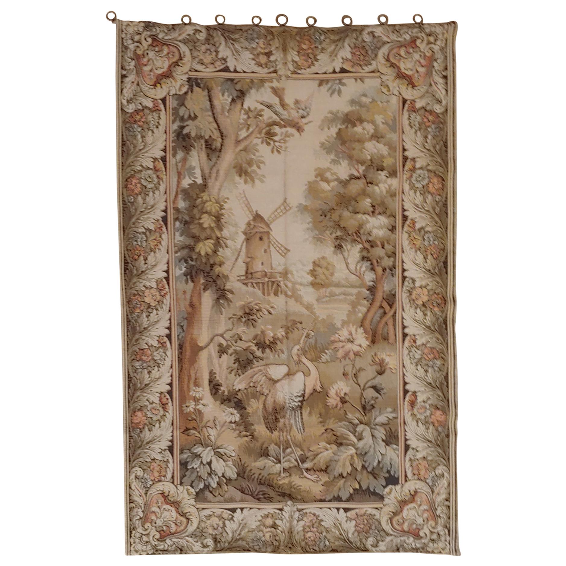 Antique French Loomed Tapestry, Holland Scene, Windmill, Neutral, Wool, 1920 For Sale