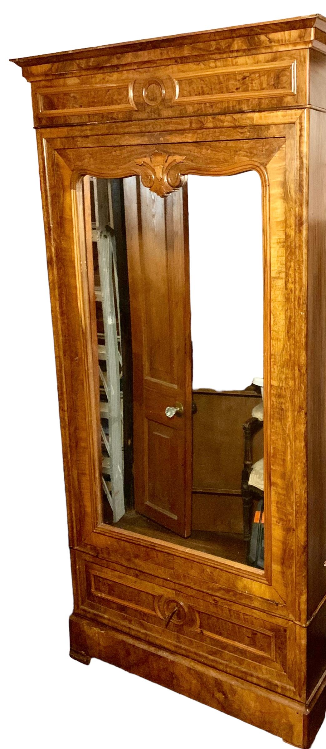 Hand-Carved Antique French Louie Phillipp Burled Walnut Bonnetiere Mirrored Door, Shelves For Sale