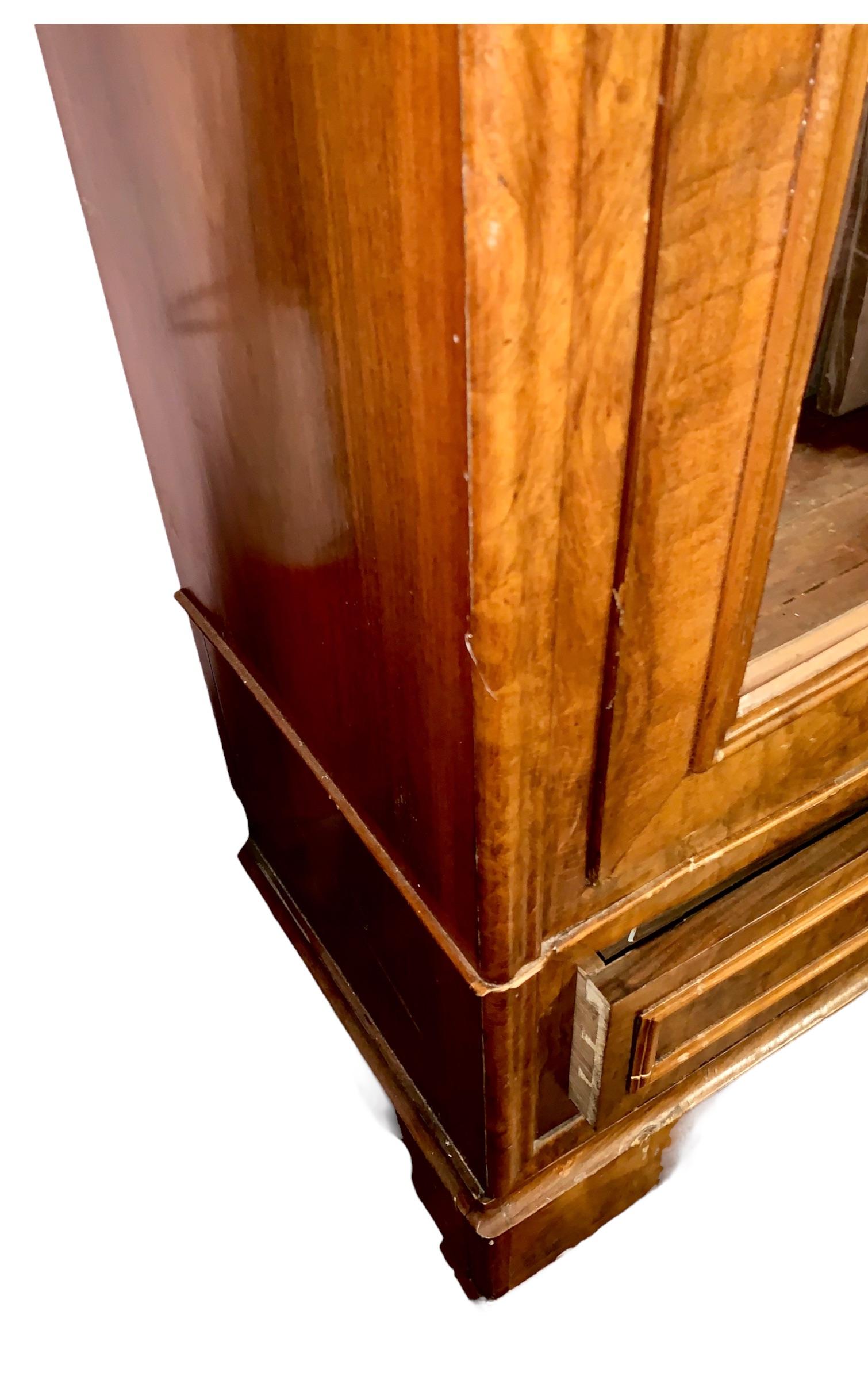 19th Century Antique French Louie Phillipp Burled Walnut Bonnetiere Mirrored Door, Shelves