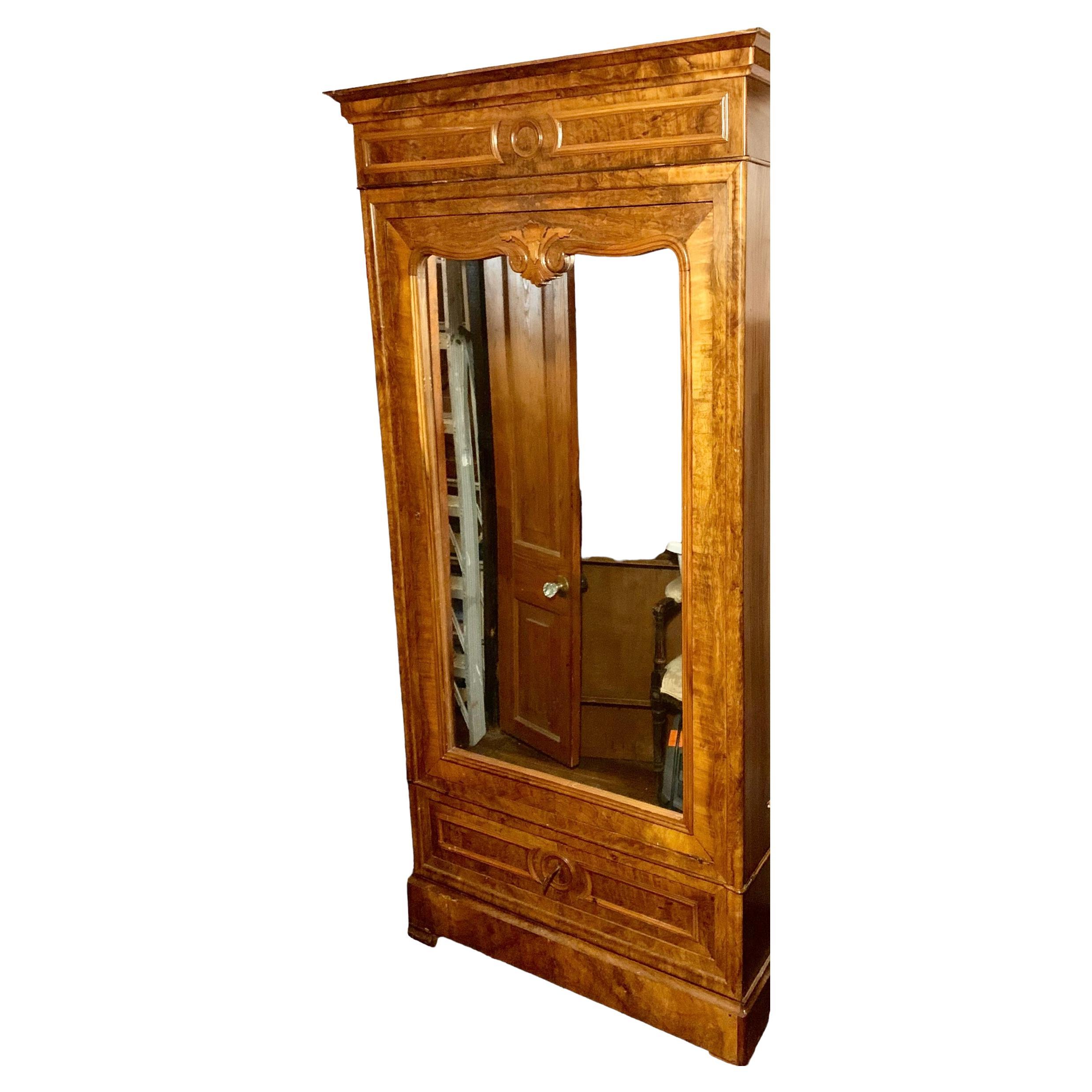 Antique French Louie Phillipp Burled Walnut Bonnetiere Mirrored Door, Shelves For Sale