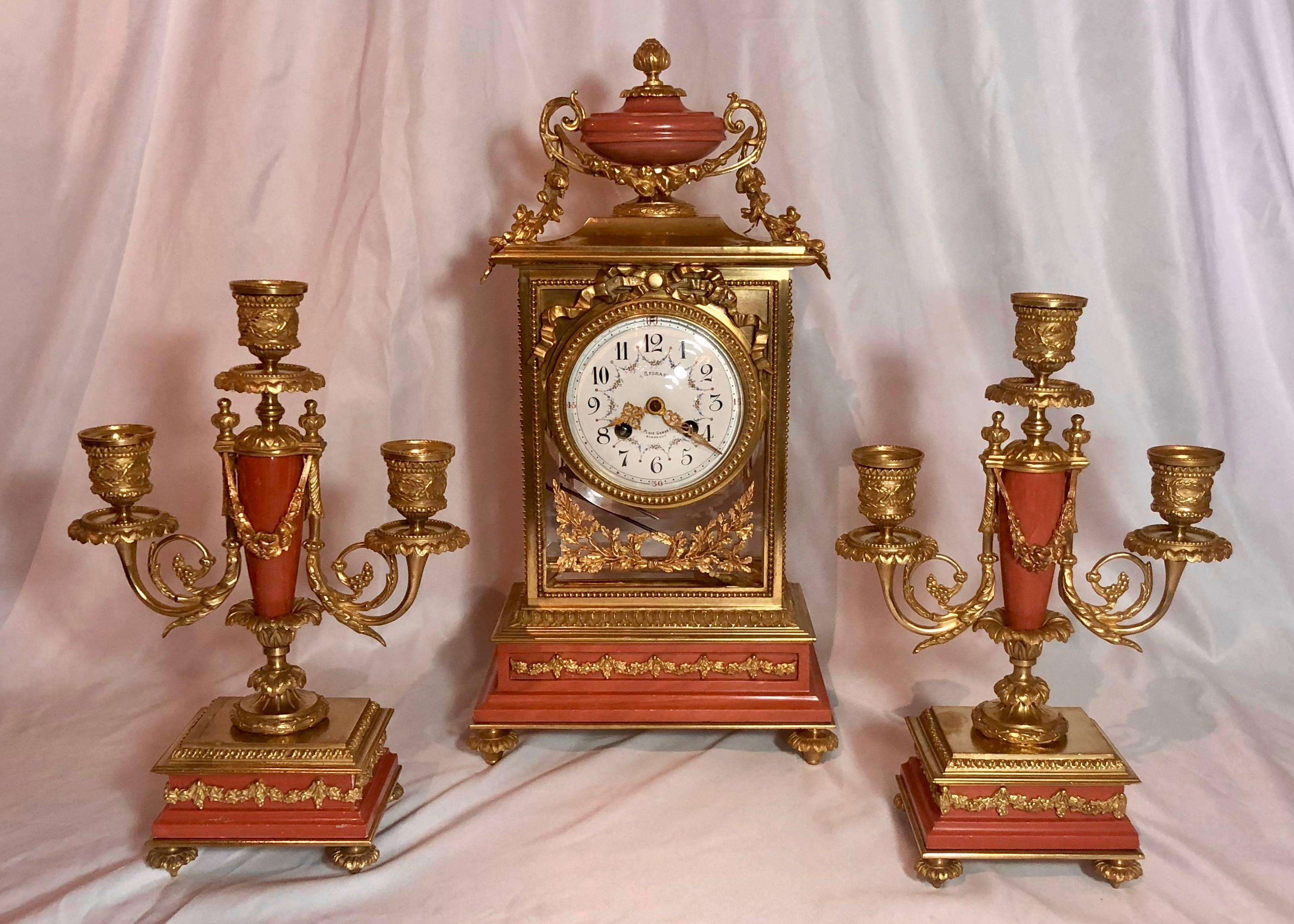 Antique French Louis 16th marble and bronze clock set, circa 1870.

Candle measurements: 11.25 x 4.5 x 3.75.