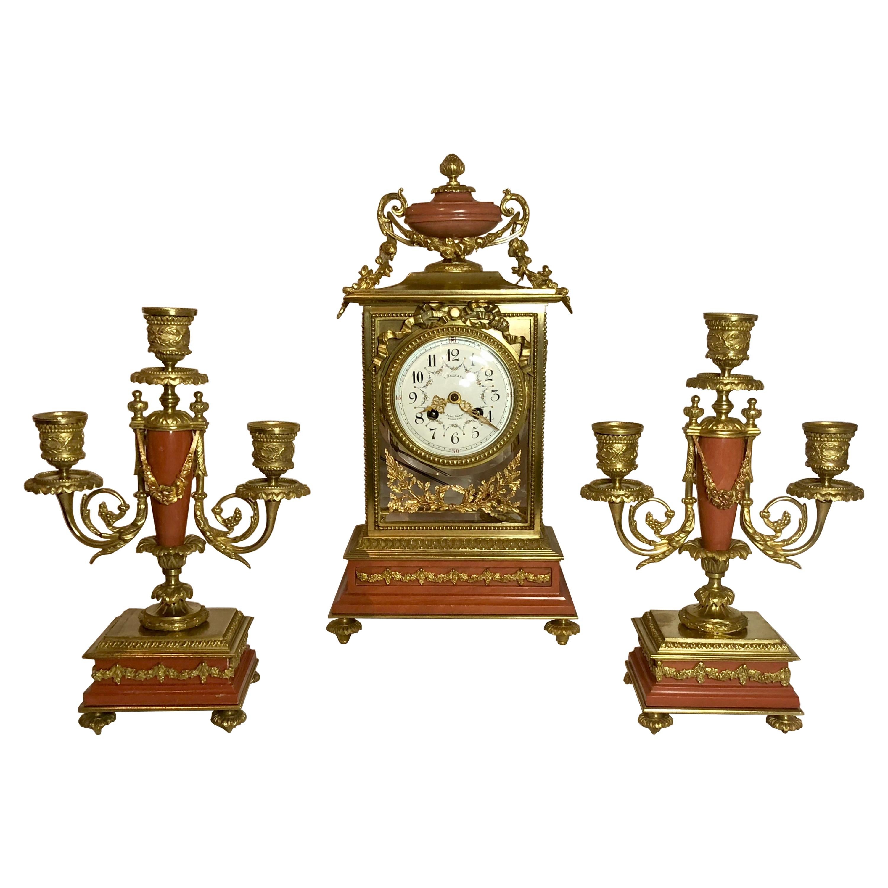 Antique French Louis 16th Marble and Bronze Clock Set, circa 1870