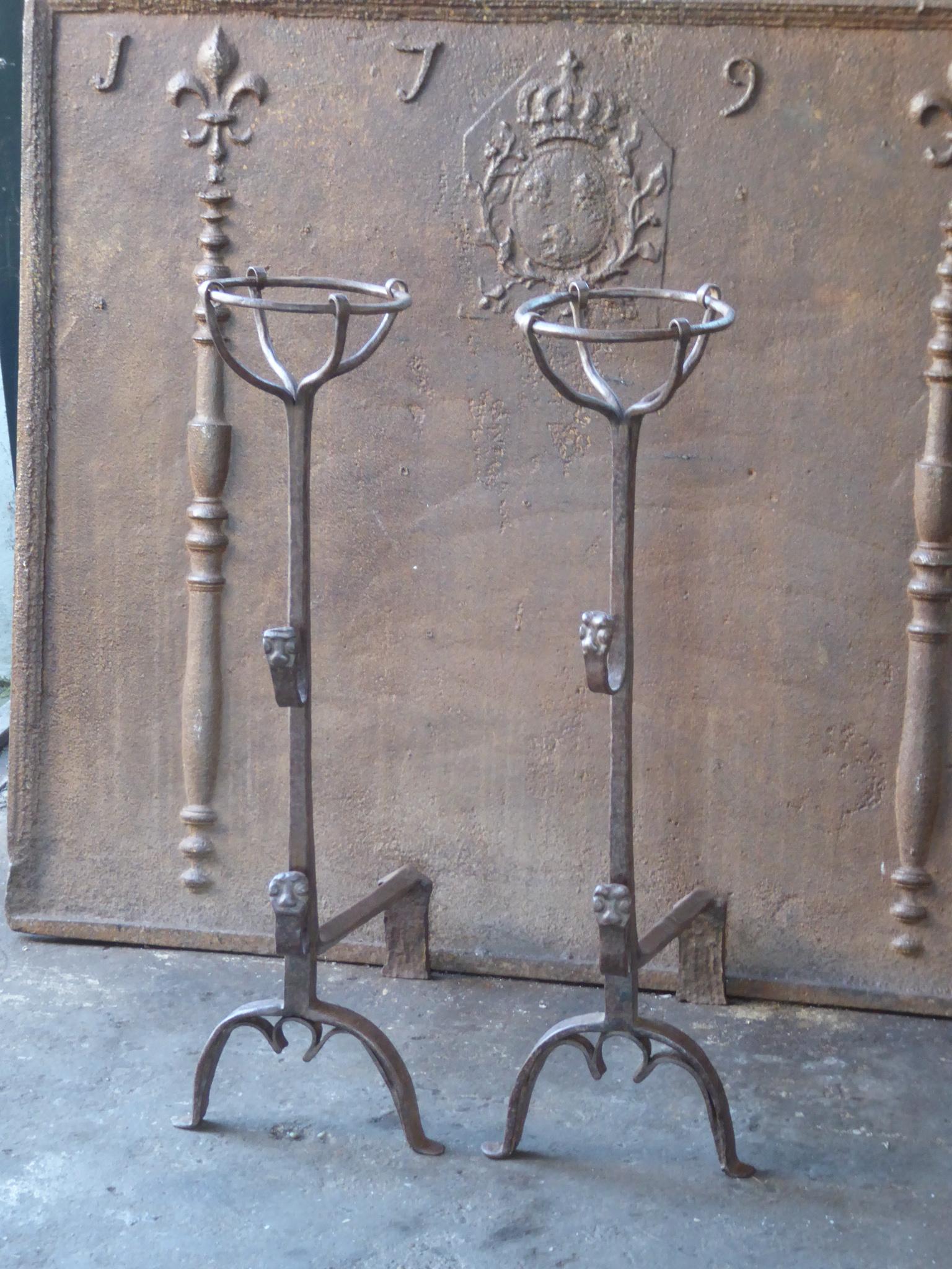 Forged Antique French Louis III Andirons or Firedogs, 17th Century For Sale