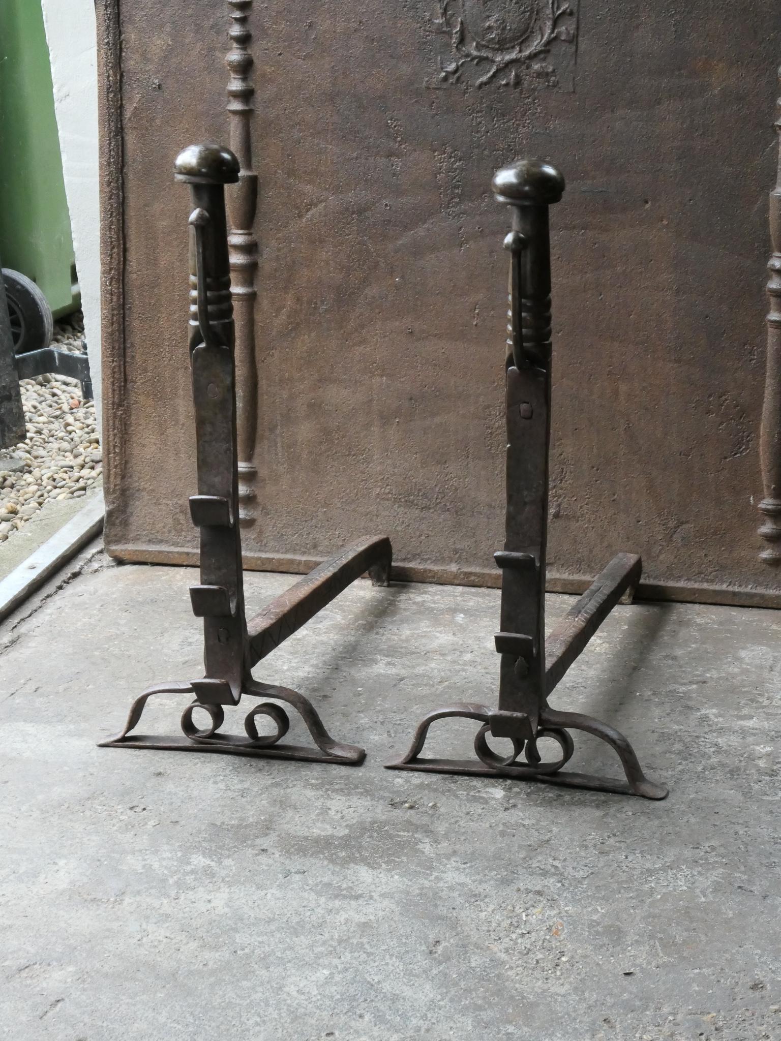 Forged Antique French Louis III Andirons or Firedogs, 17th Century