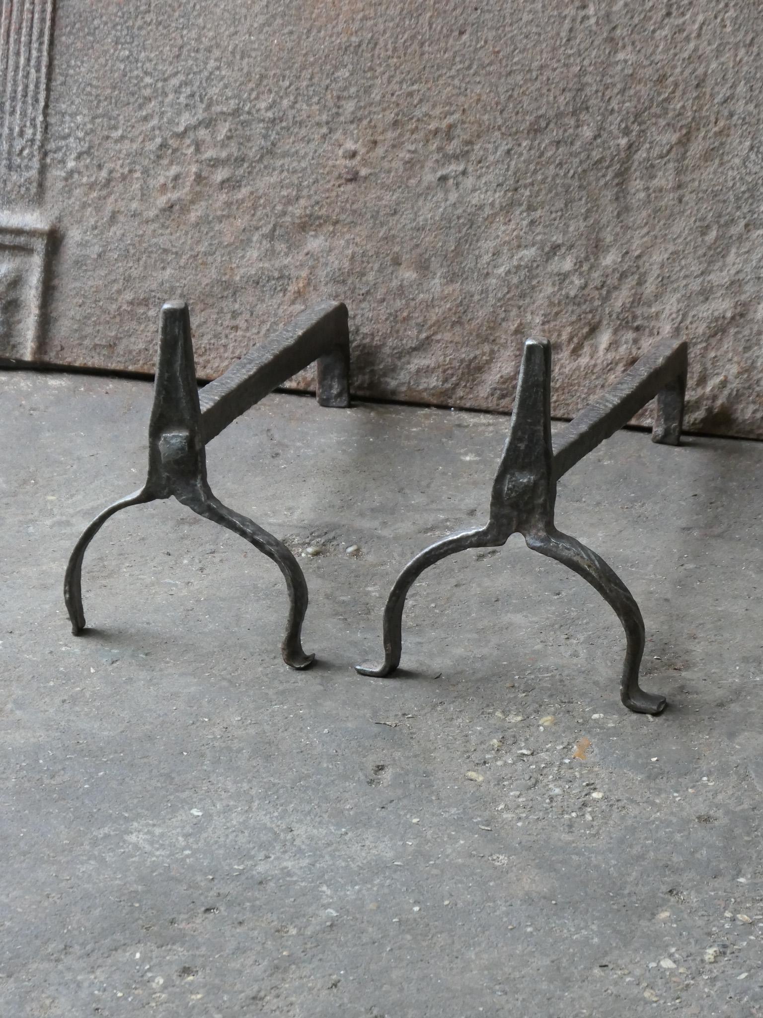 Forged Antique French Louis III Andirons or Firedogs, 17th Century