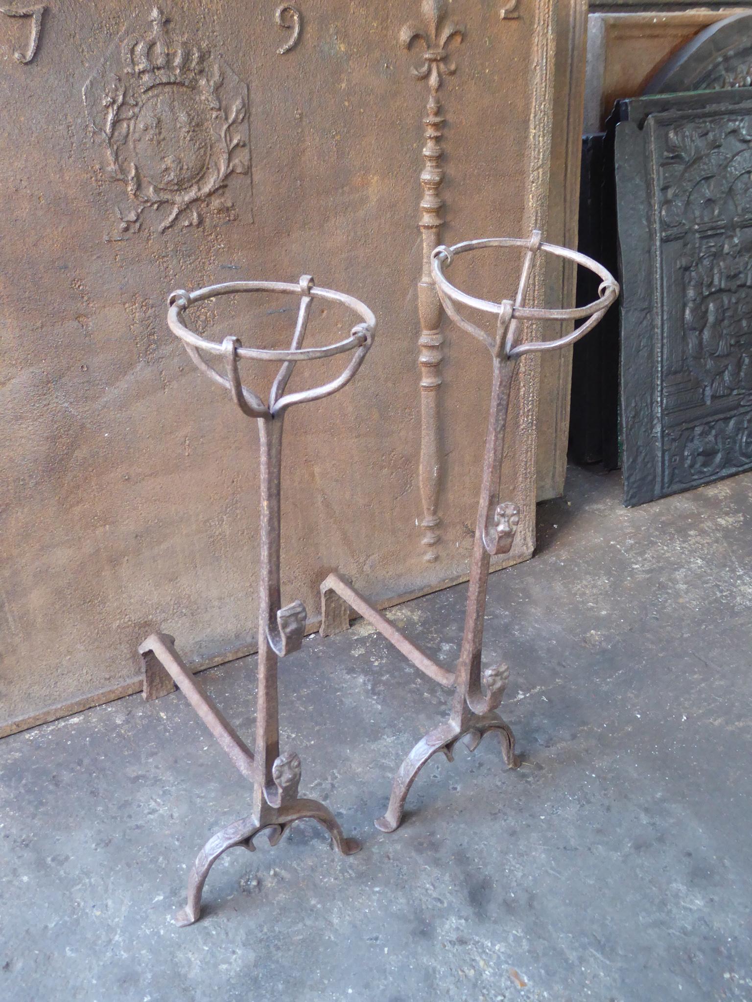 Wrought Iron Antique French Louis III Andirons or Firedogs, 17th Century For Sale
