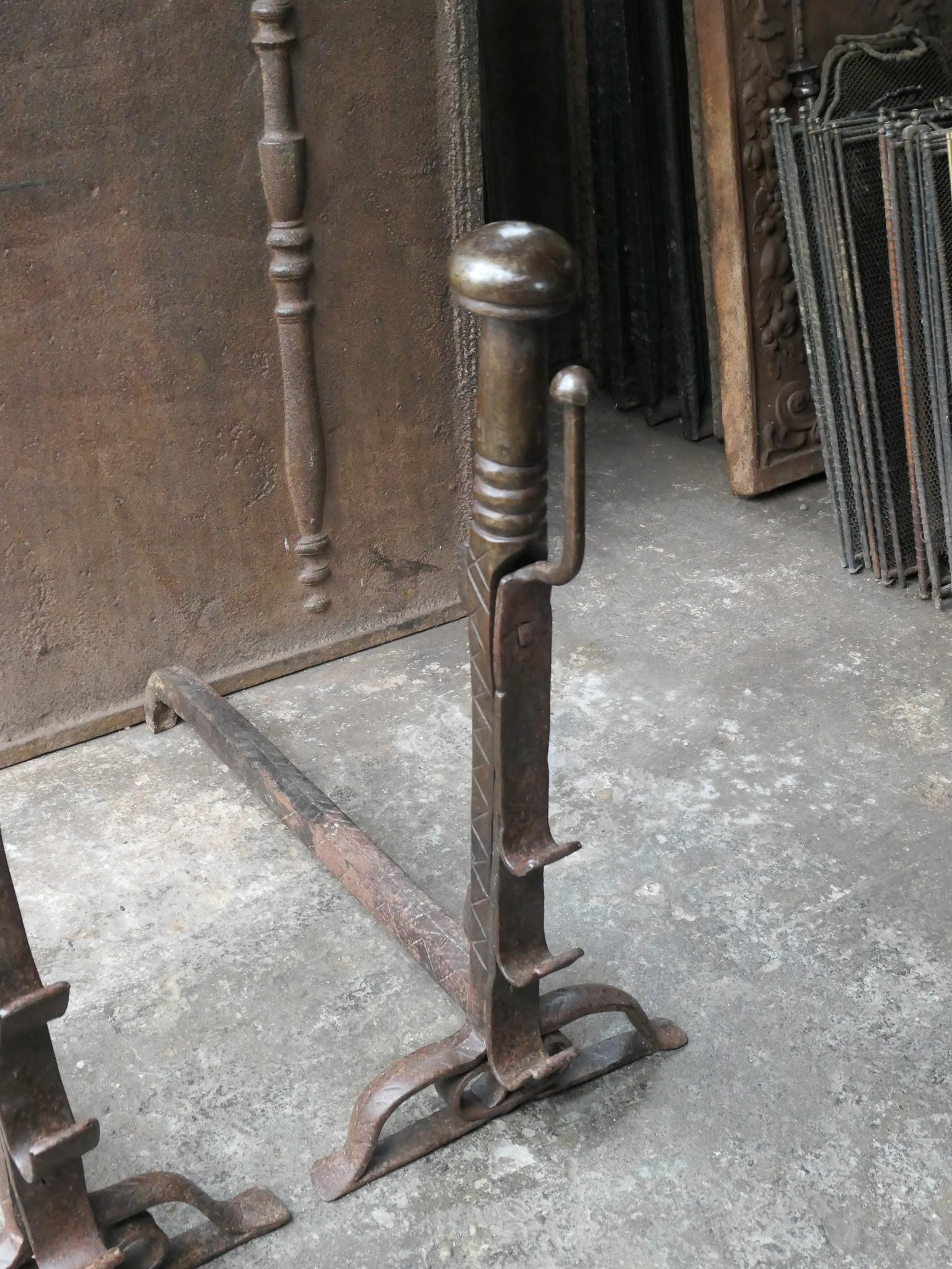 Wrought Iron Antique French Louis III Andirons or Firedogs, 17th Century