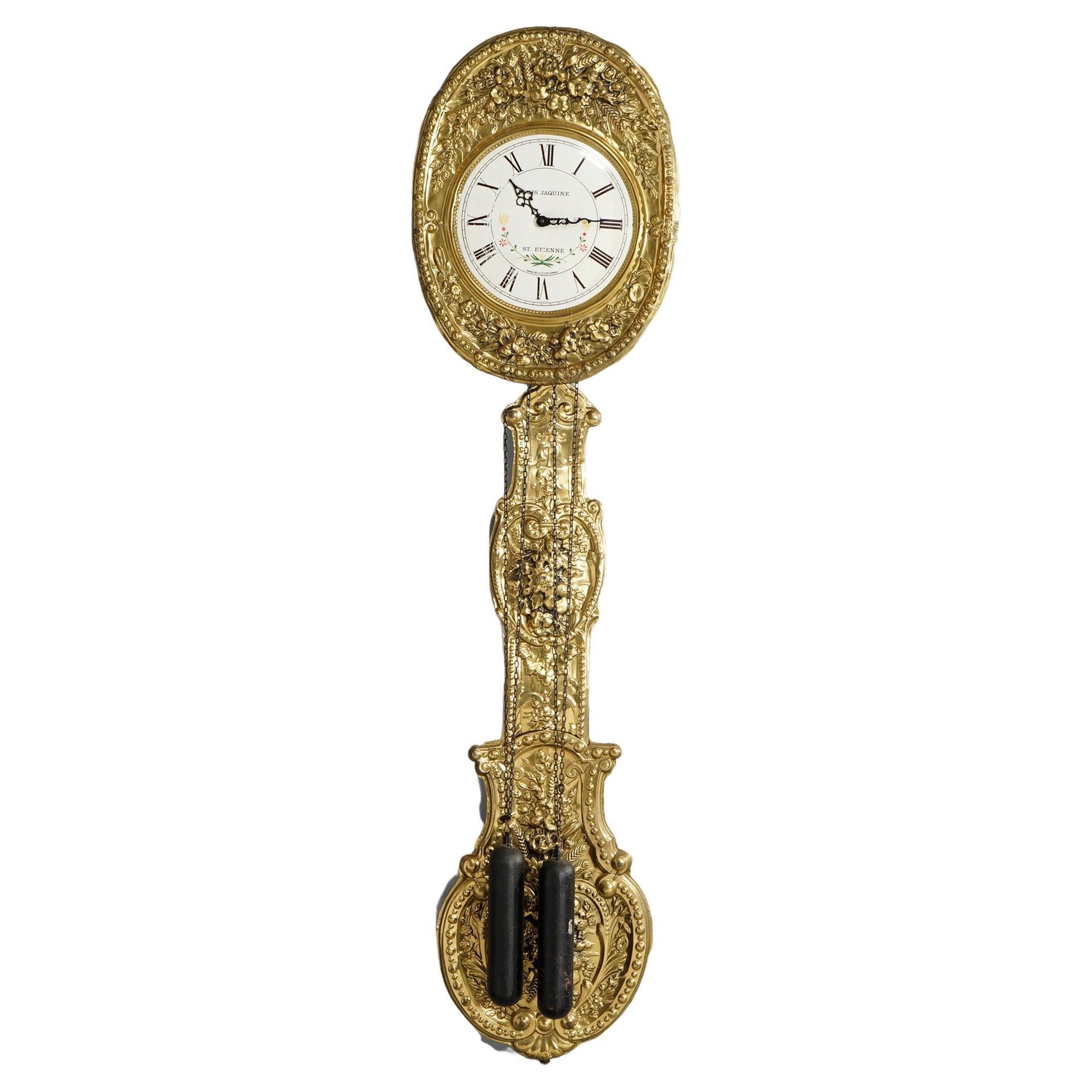 Antique French Louis Jaquine Brass Wag-on-the Wall Clock 19th C For Sale