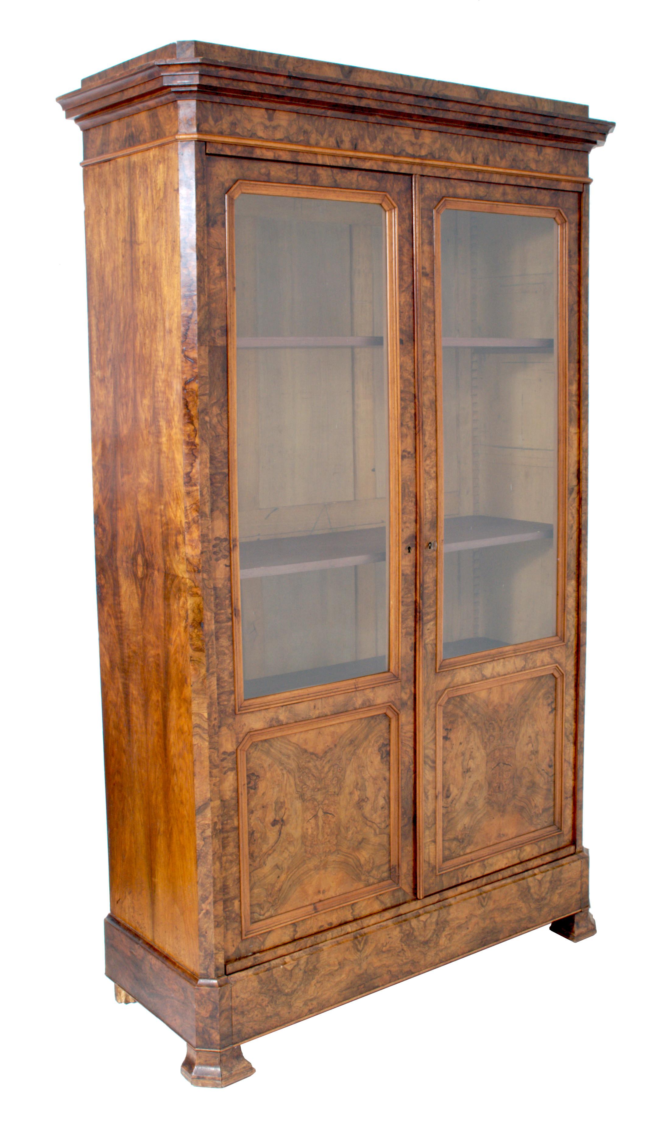 Antique French Louis Philippe Burl Walnut Bookcase / Cabinet, circa 1830 In Good Condition In Portland, OR
