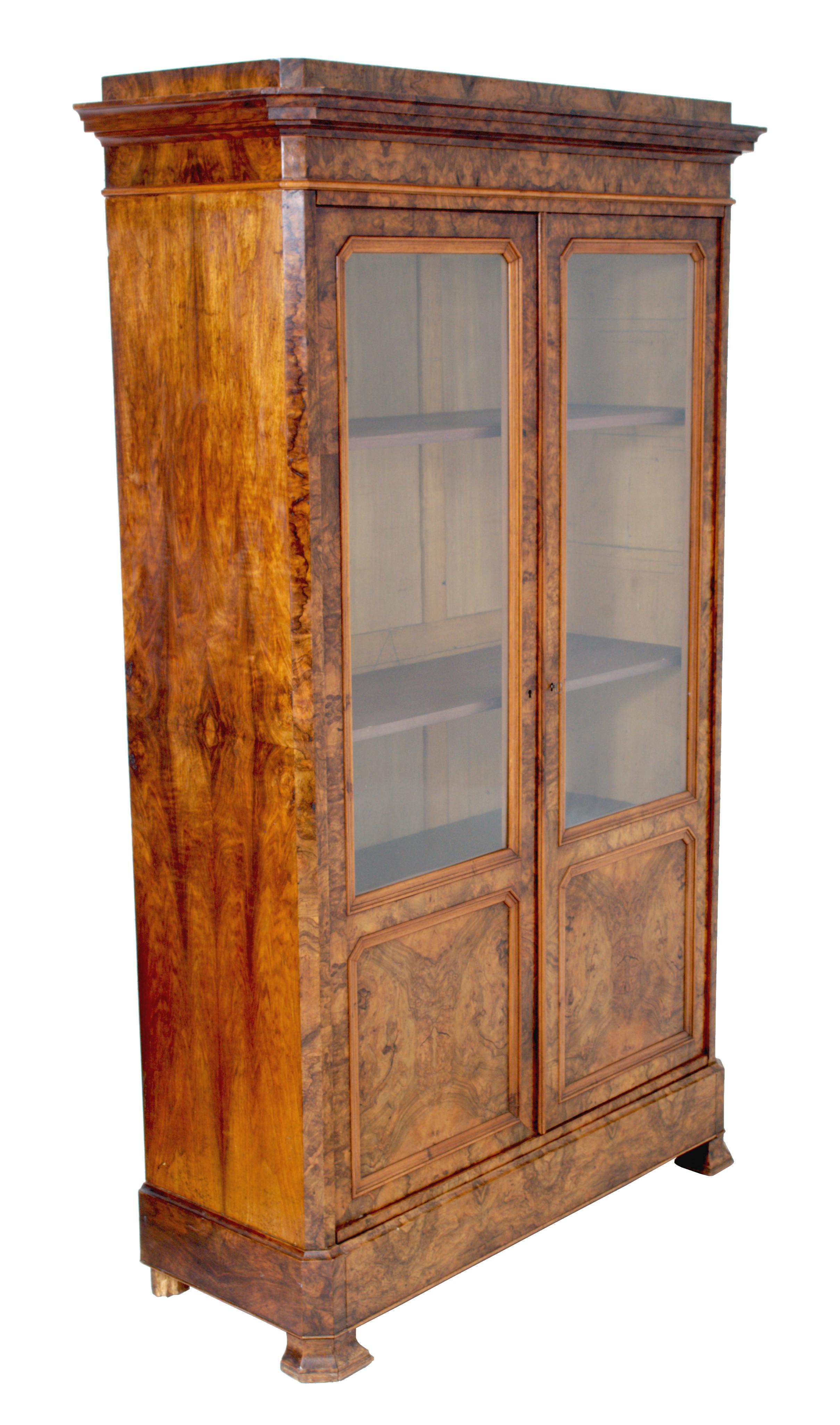 Antique French Louis Philippe Burl Walnut Bookcase / Cabinet, circa 1830 1