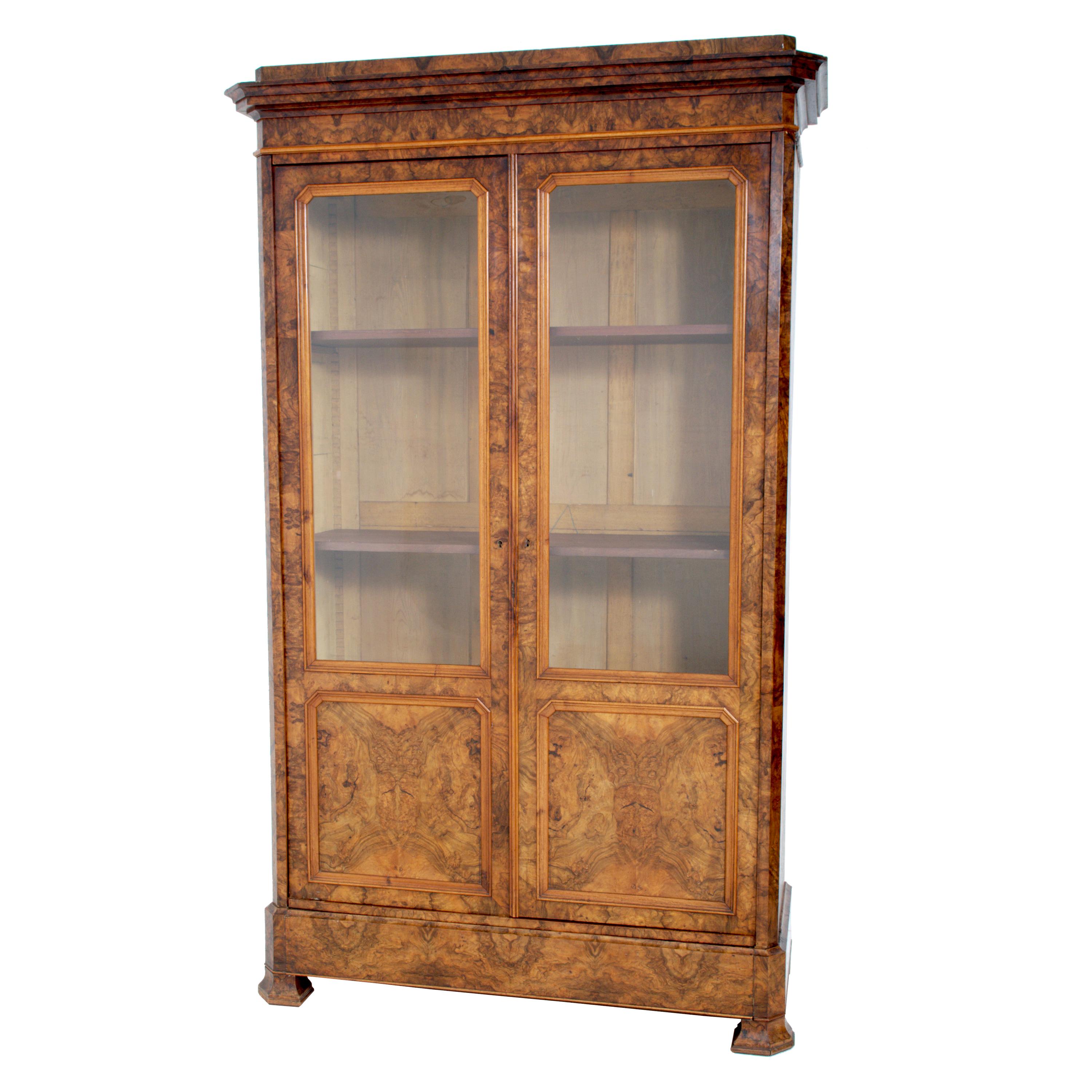 Antique French Louis Philippe Burl Walnut Bookcase / Cabinet, circa 1830