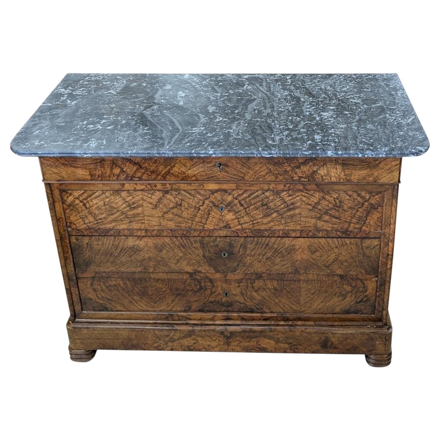 Antique French Louis Philippe Burl Walnut Marble-Top Commode