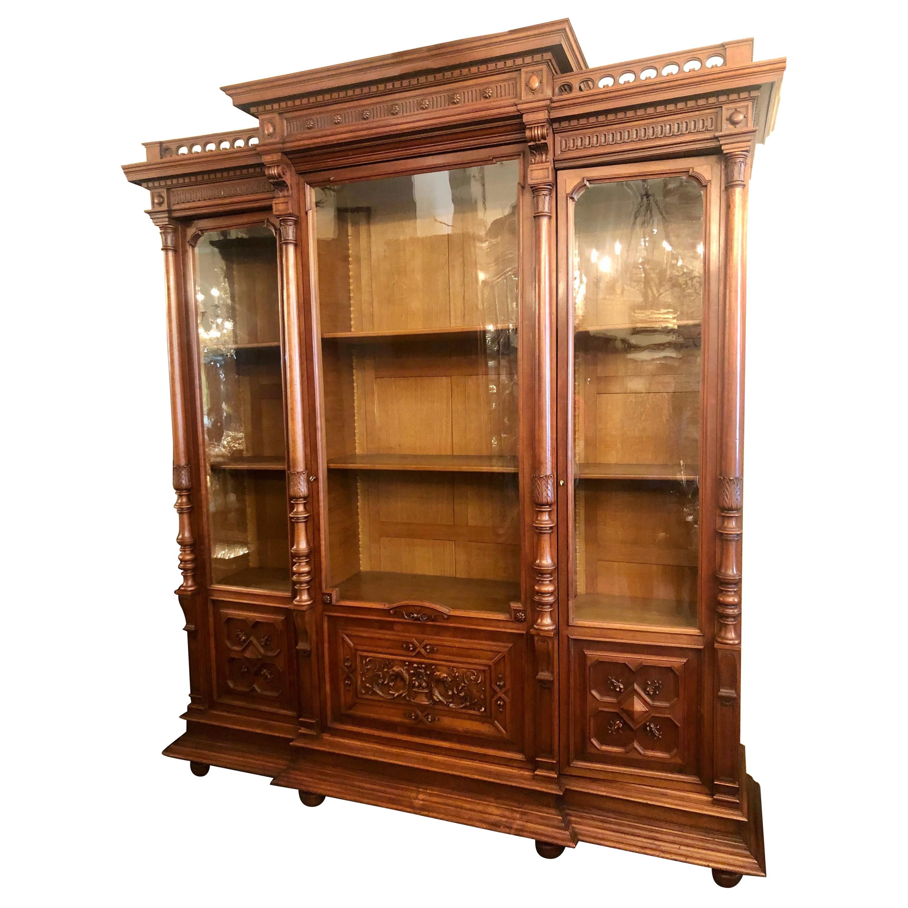 Antique French Louis Philippe Carved Walnut 3-Door Display Cabinet, Circa 1880's