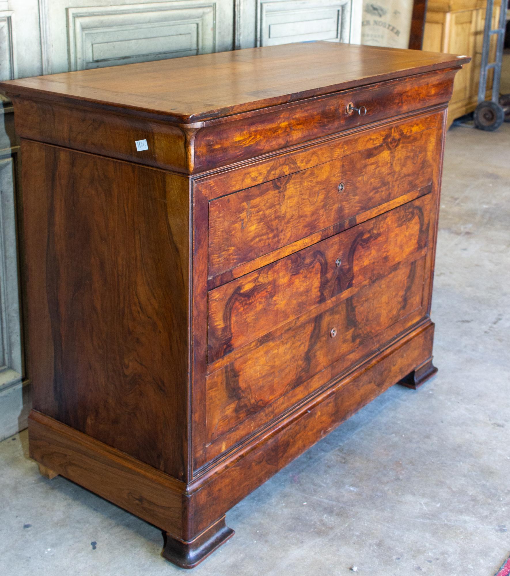 Early 20th Century Antique French Louis Philippe Commode with Burled Wood Veneer with Marble Top