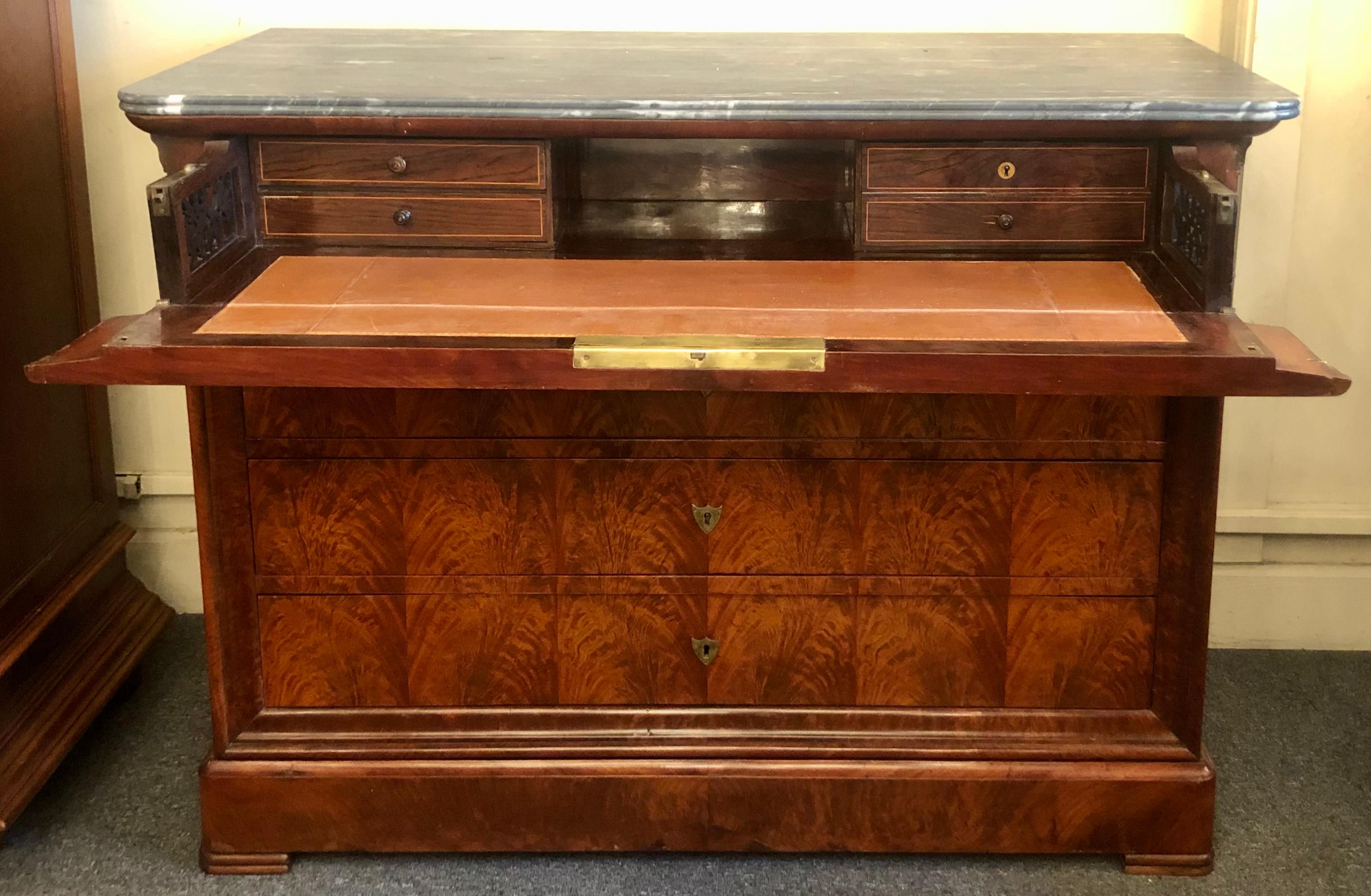Antique French Louis Philippe Flamed Mahogany Marble Top Chest w/ Desk Ca. 1880s In Good Condition In New Orleans, LA