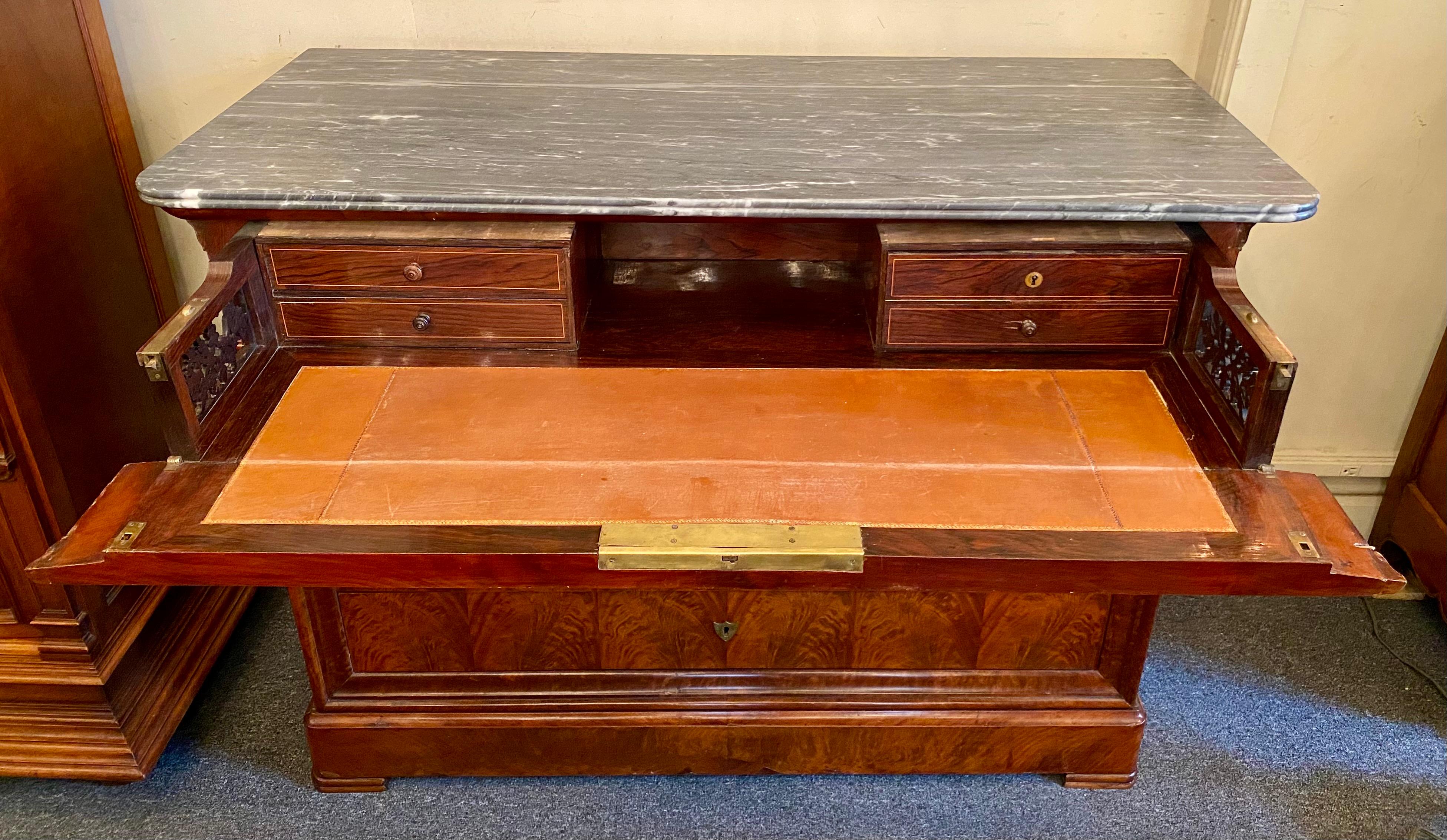 Late 19th Century Antique French Louis Philippe Flamed Mahogany Marble Top Chest w/ Desk Ca. 1880s