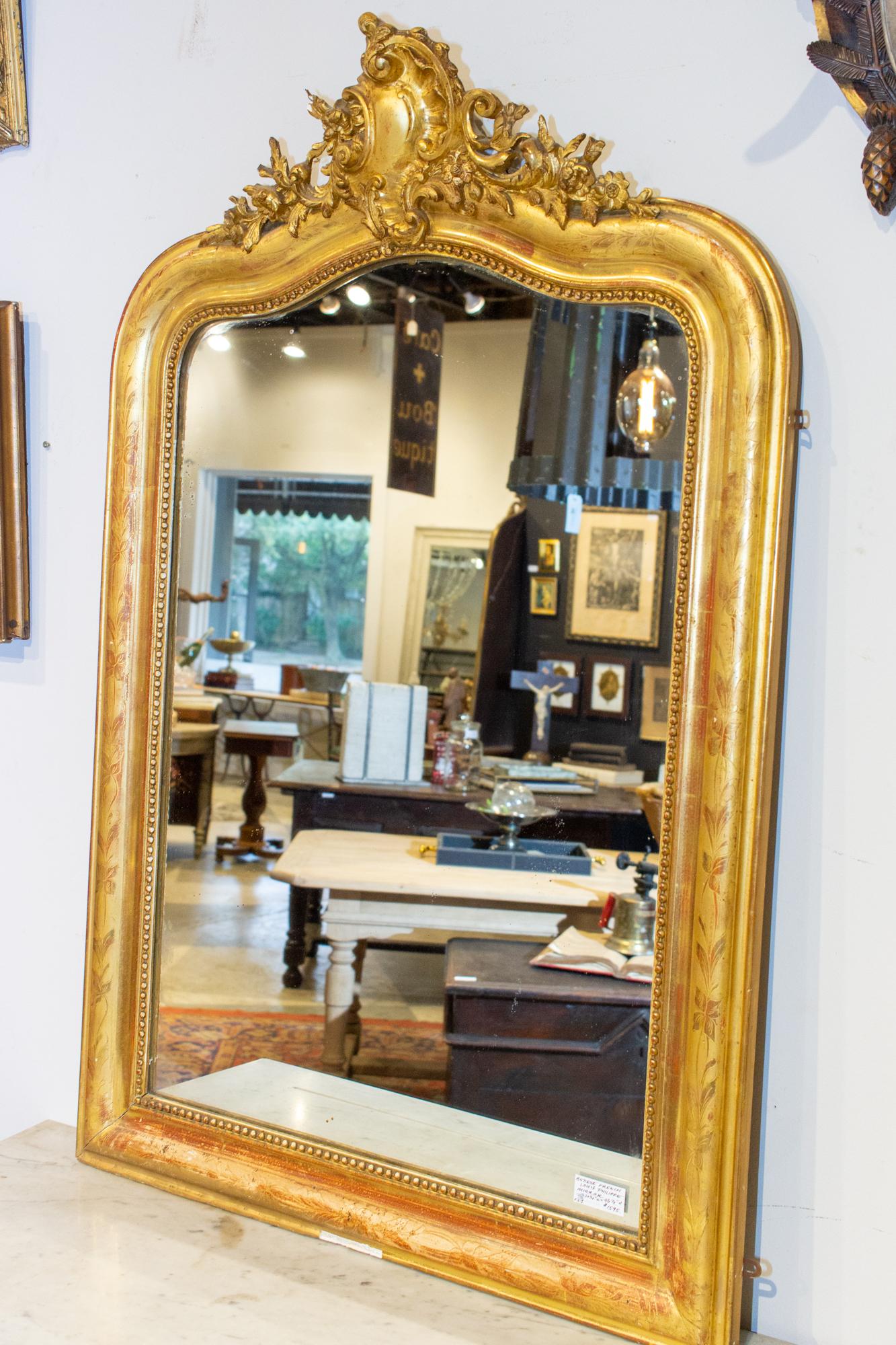 Antique French Louis Philippe Gilt Mirror with Scroll Cartouche & Floral Details For Sale 6