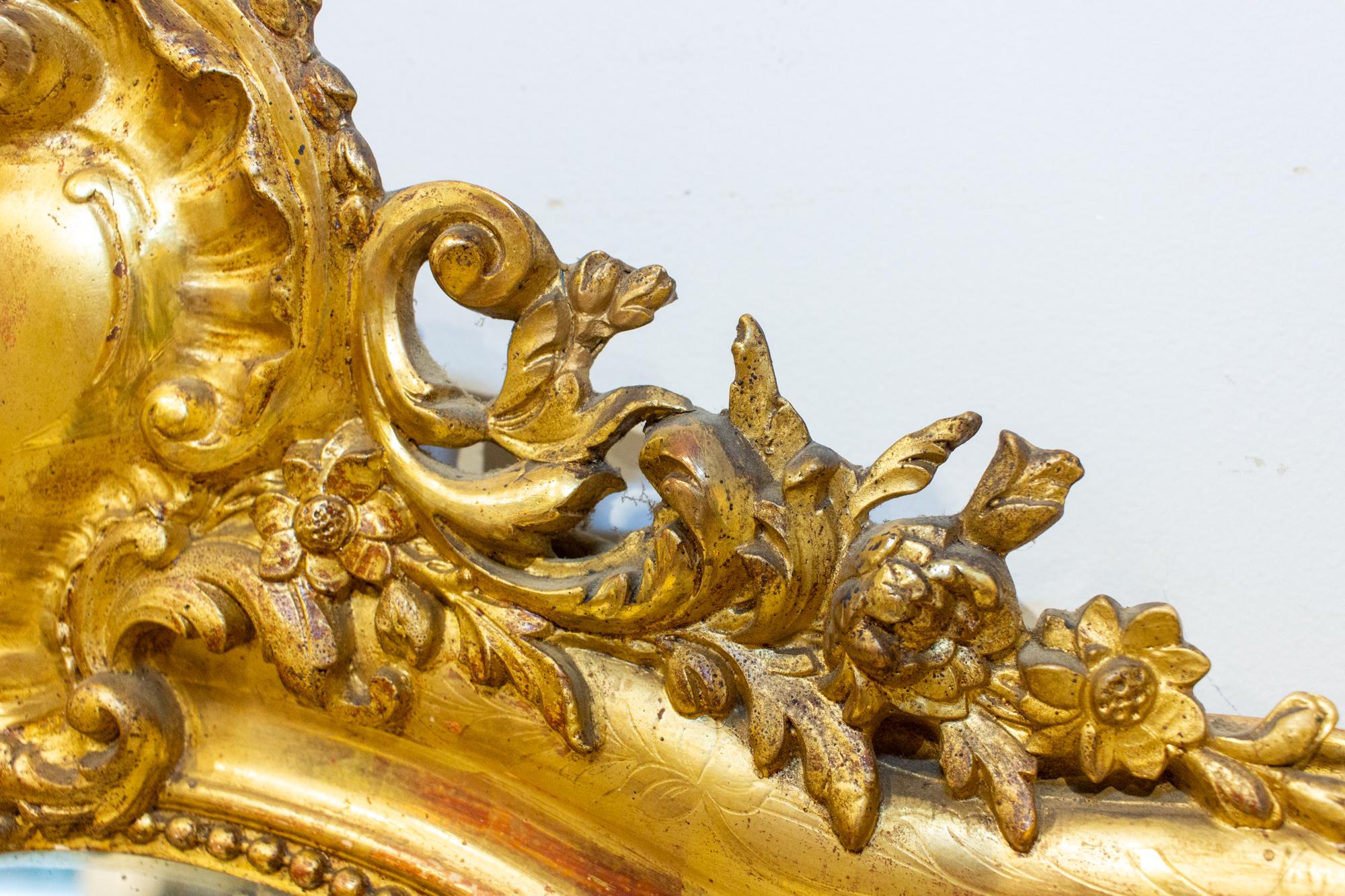 Antique French Louis Philippe Gilt Mirror with Scroll Cartouche & Floral Details For Sale 8