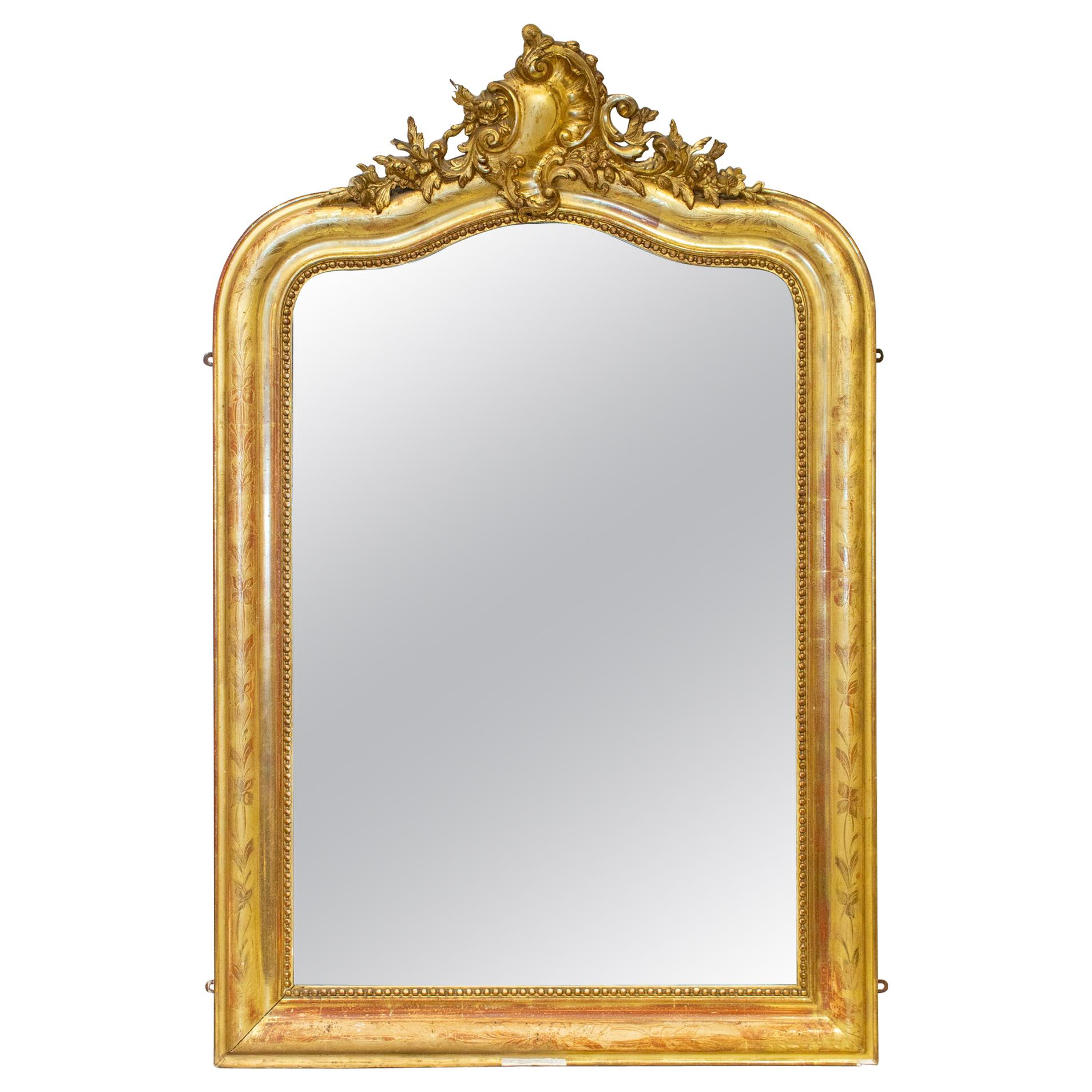 Antique French Louis Philippe Gilt Mirror with Scroll Cartouche & Floral Details For Sale