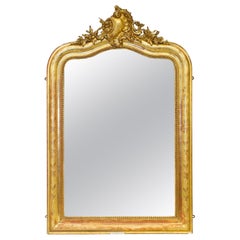 Antique French Louis Philippe Gilt Mirror with Scroll Cartouche & Floral Details