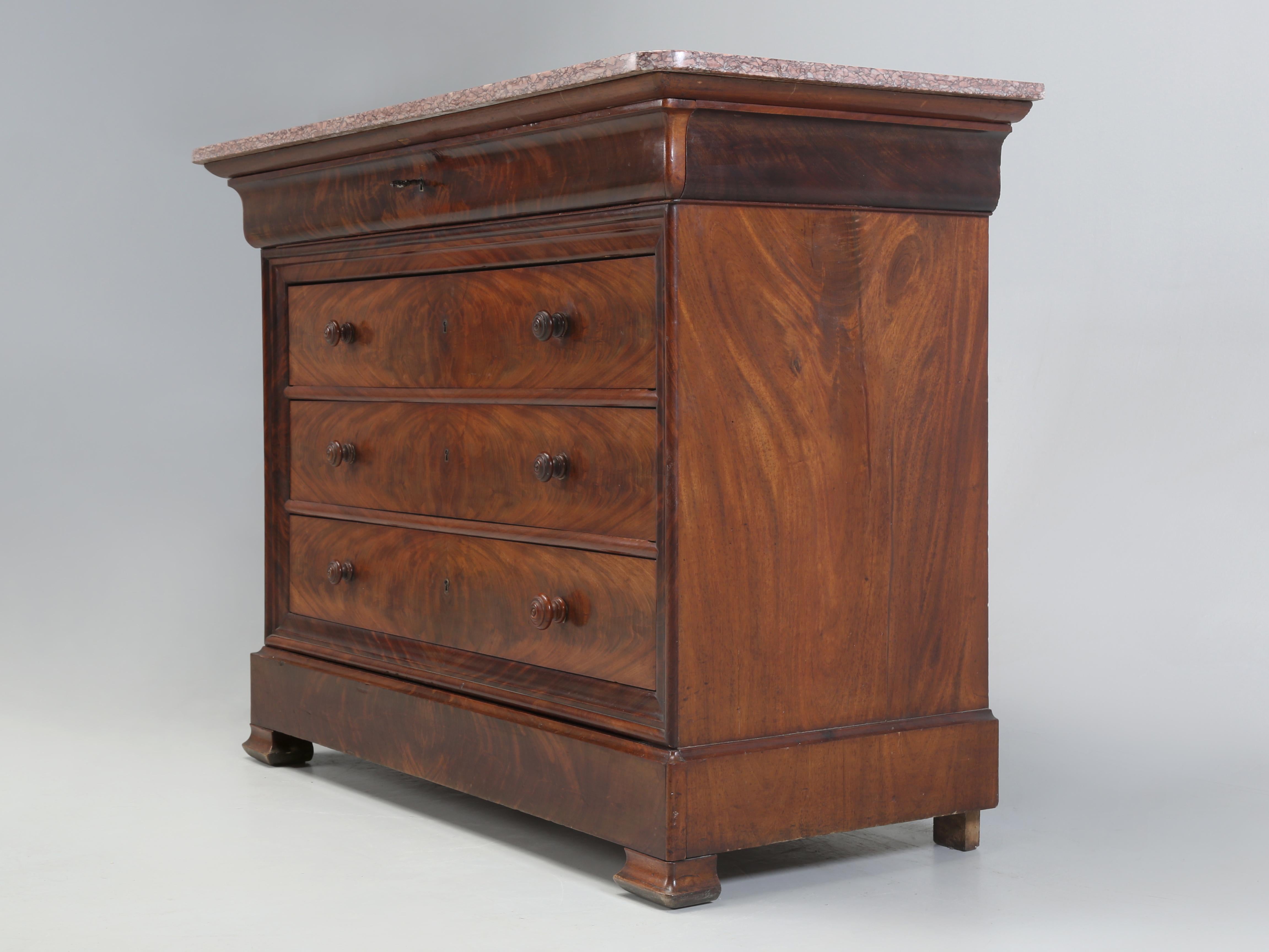Hand-Crafted Antique French Louis Philippe Mahogany Commode Marble Top Restored Condition For Sale